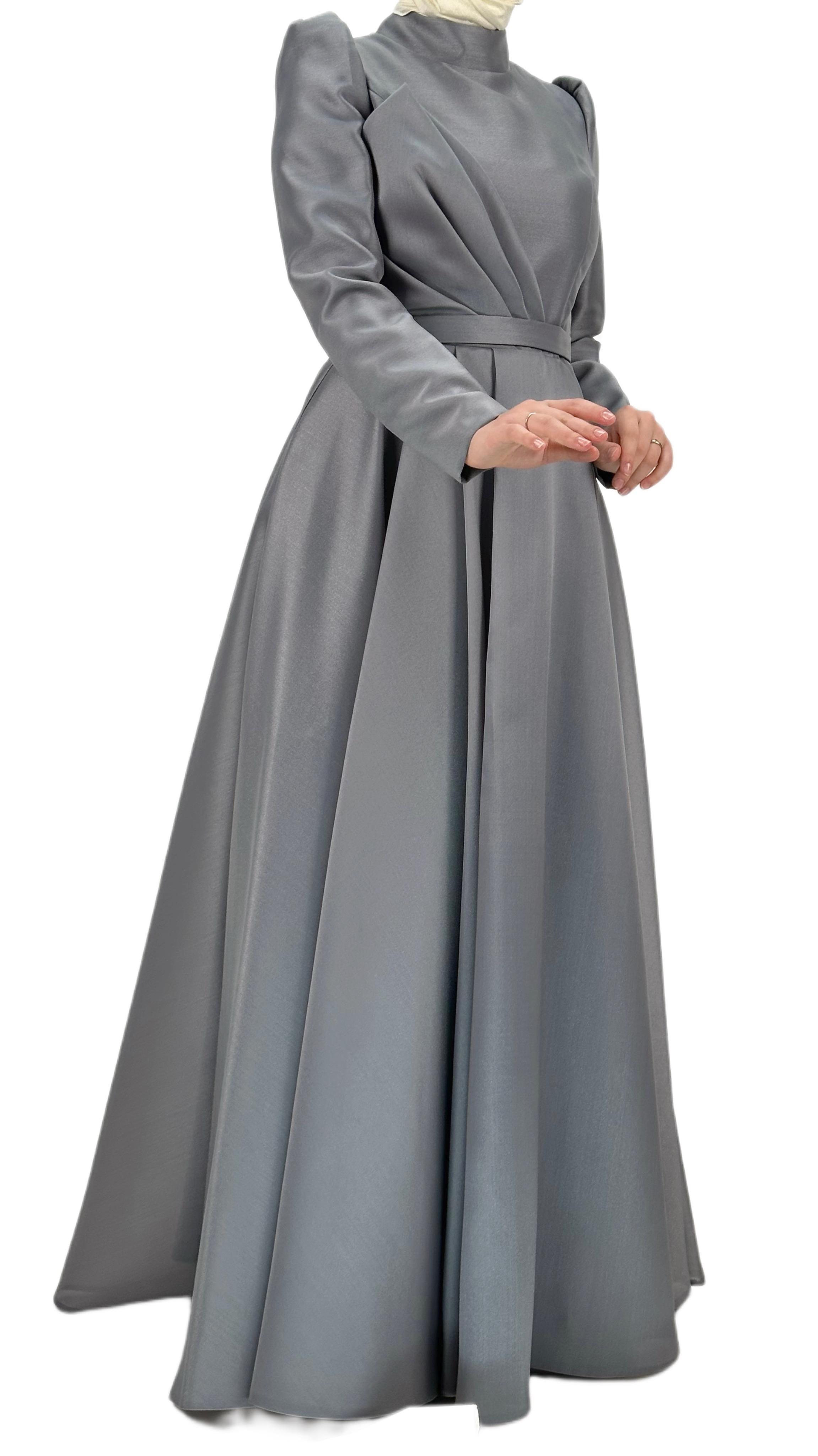 İnce Kemerli Abiye Elbise Gri OTW4547