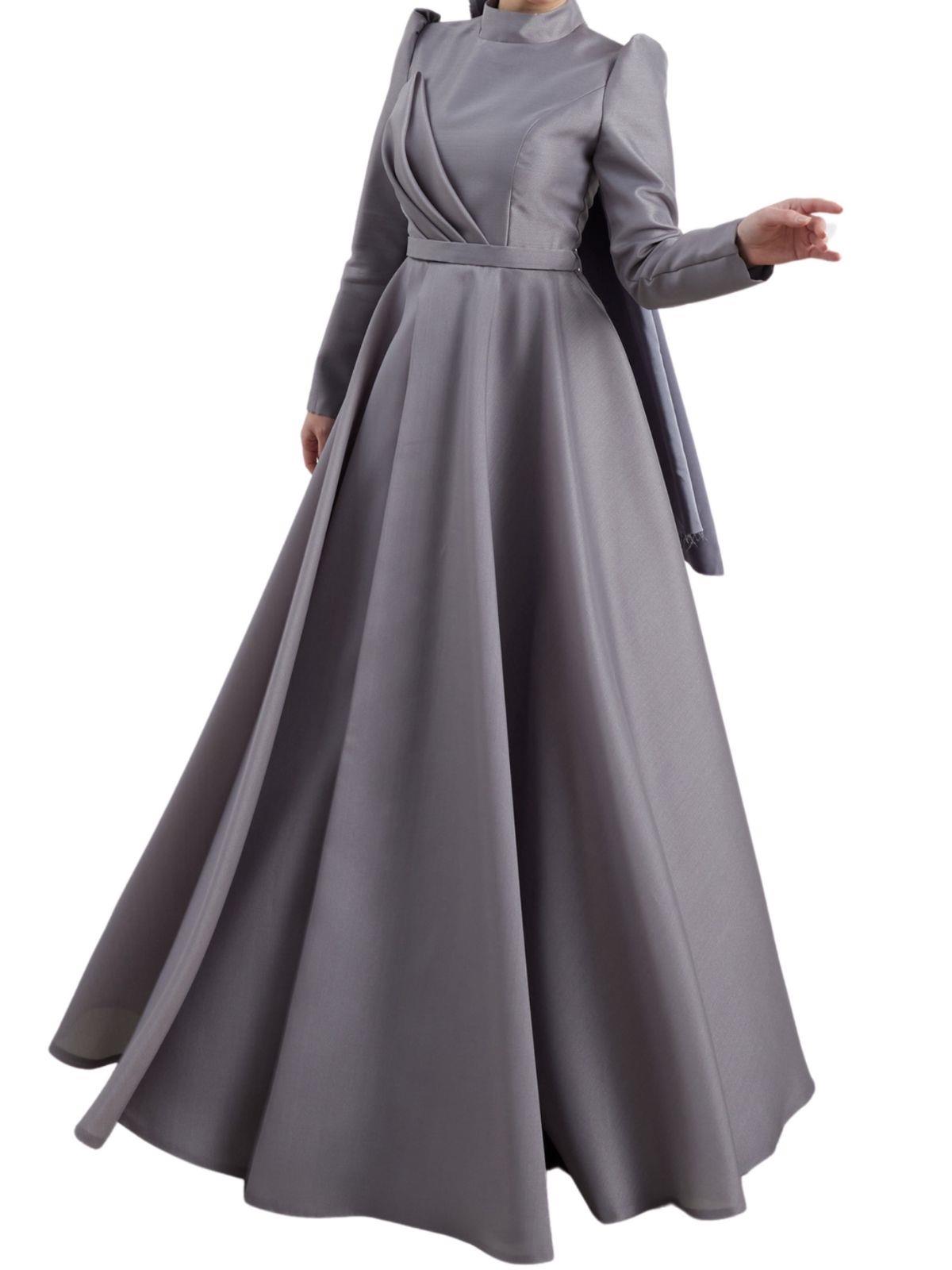 İnce Kemerli Abiye Elbise Gri OTW4547