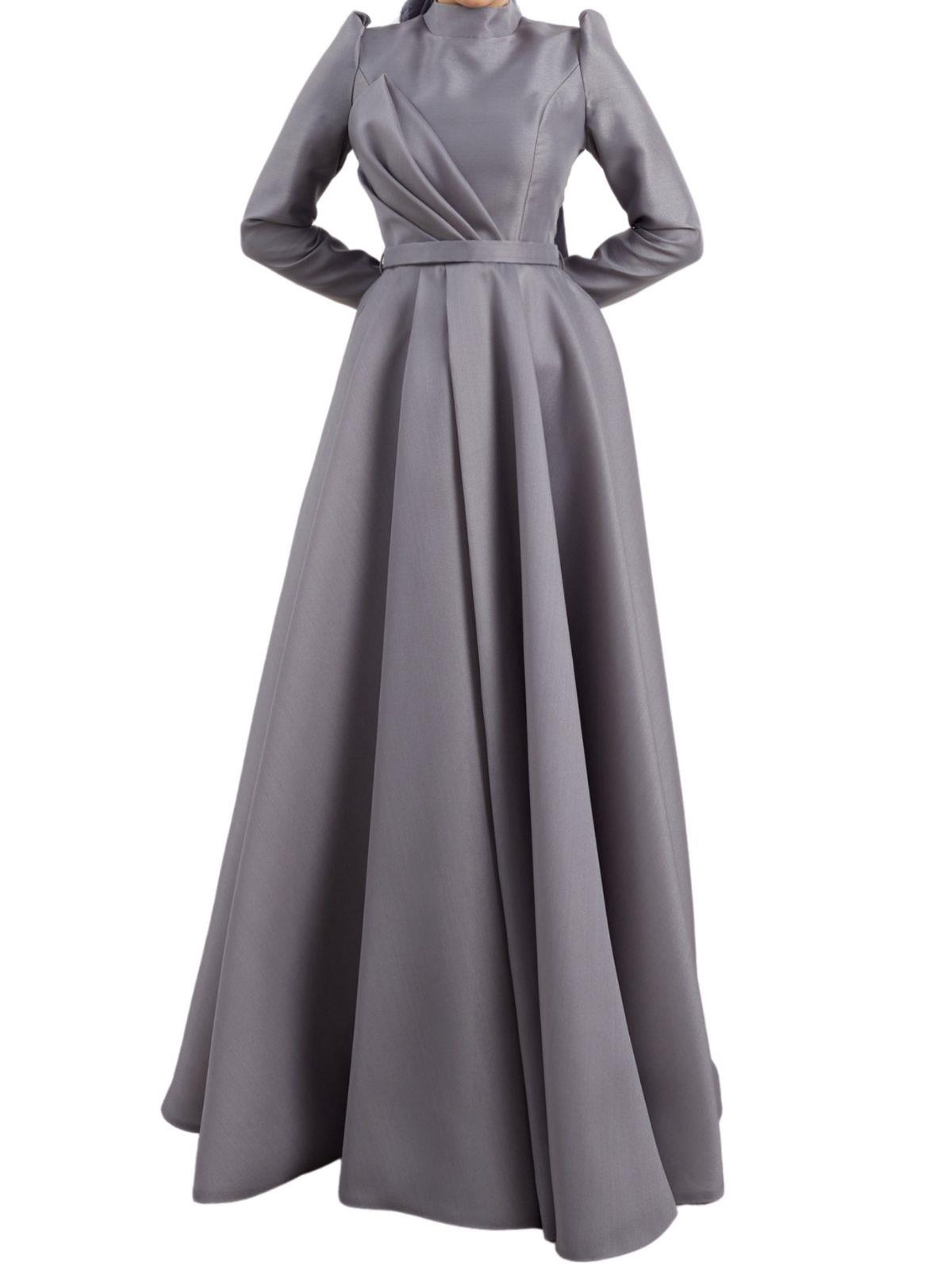 İnce Kemerli Abiye Elbise Gri OTW4547