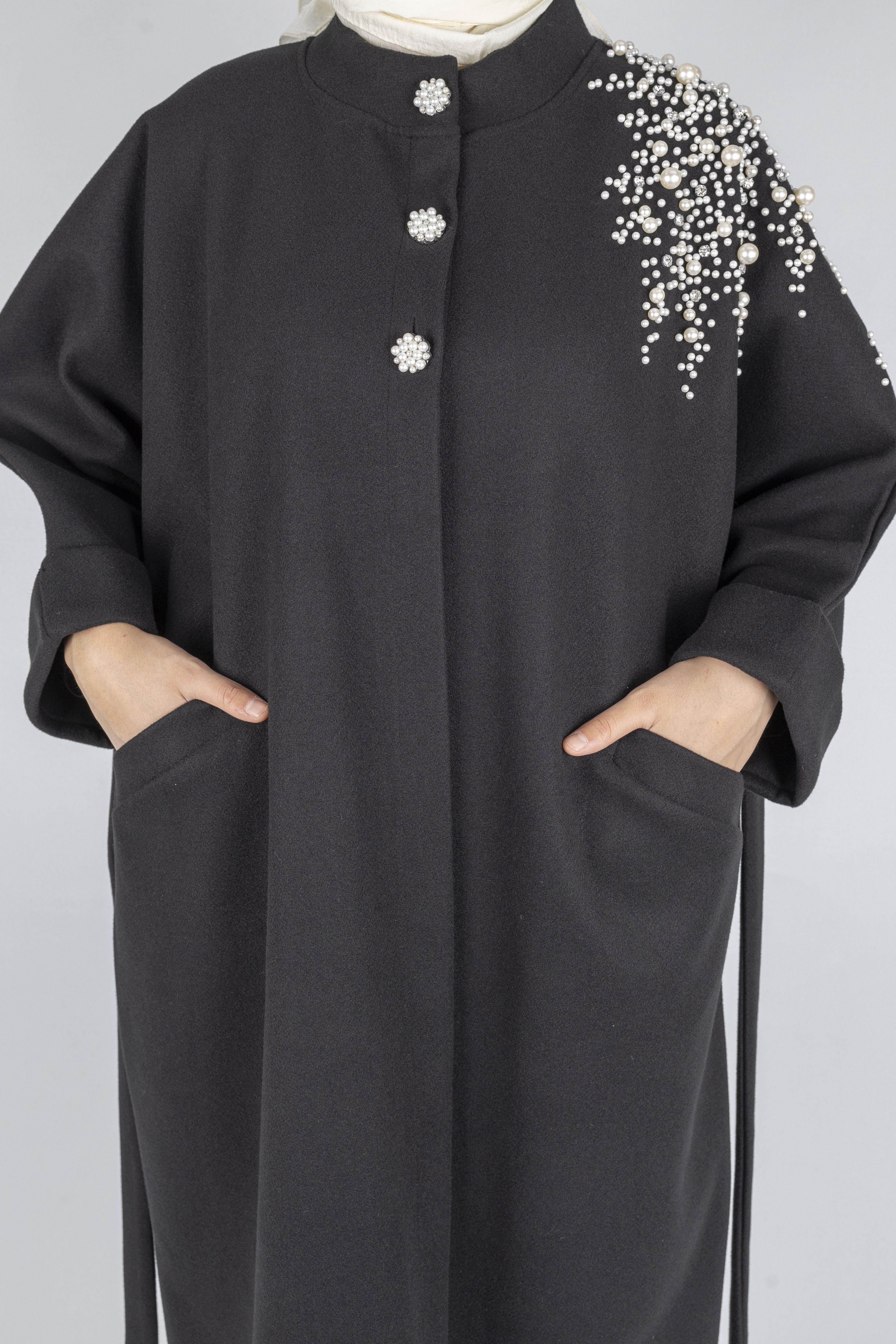İnci Detaylı Büyük Beden Tesettür Kaban Siyah OTW9841