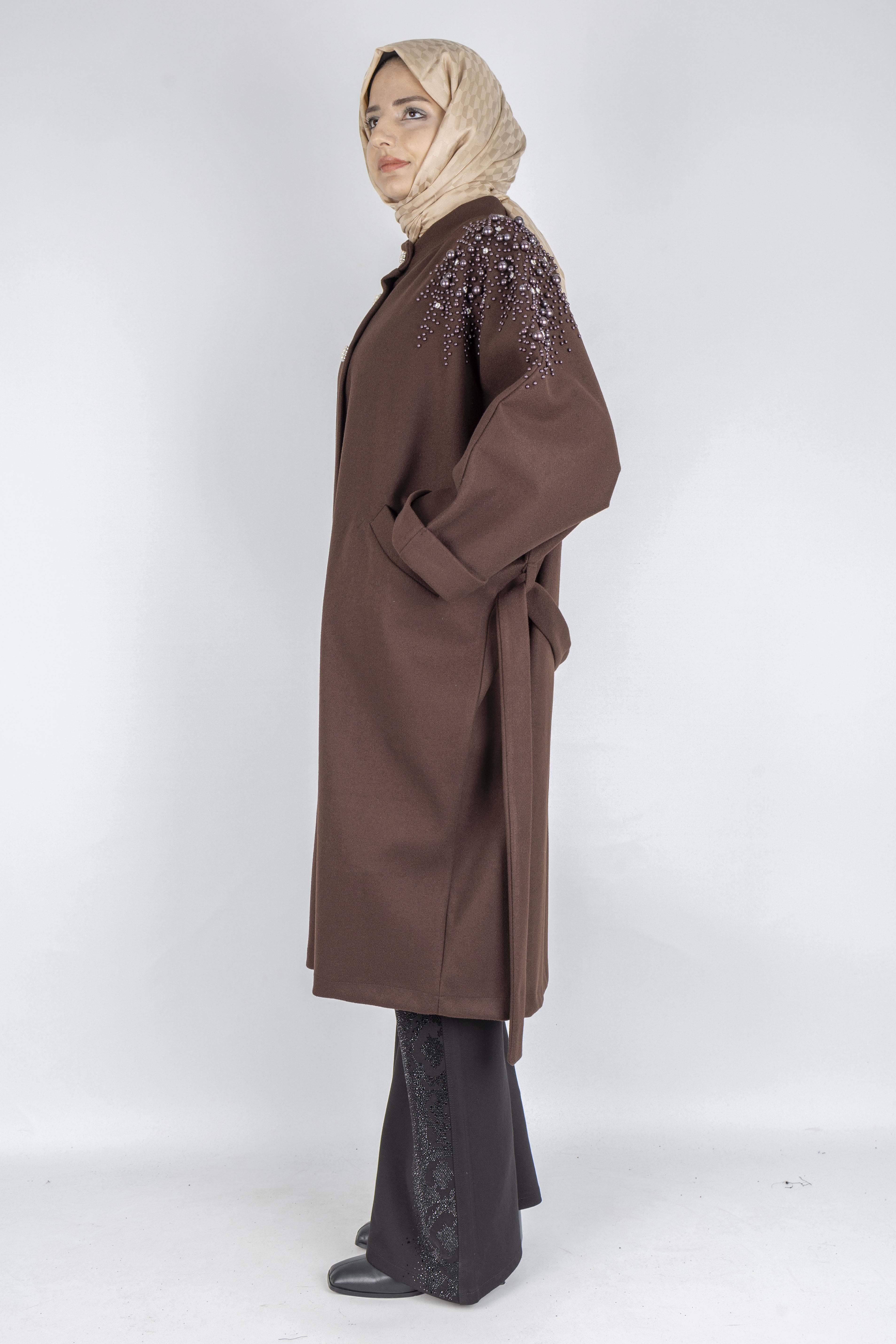 İnci Detaylı Büyük Beden Tesettür Kaban Kahve OTW9841