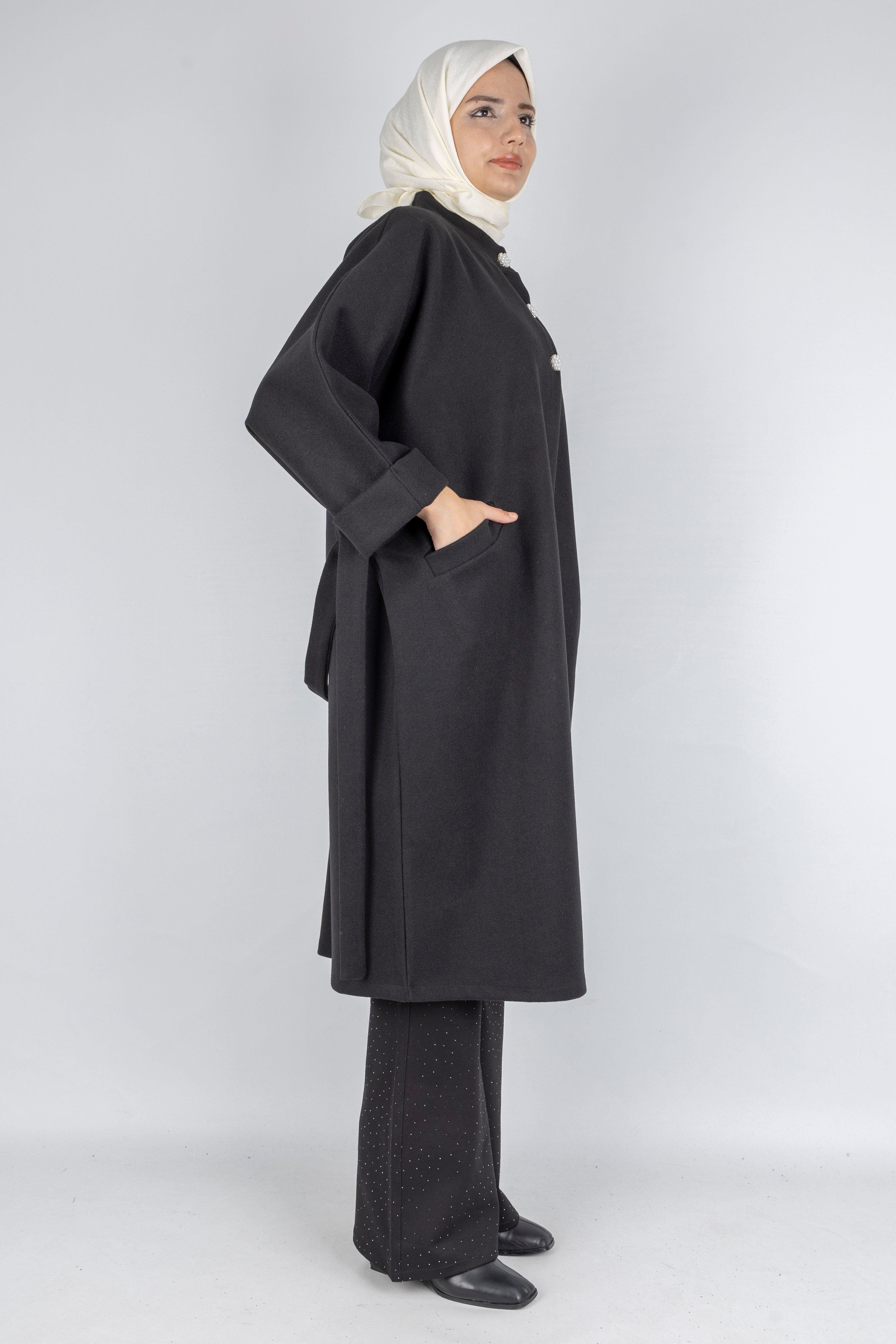 İnci Detaylı Büyük Beden Tesettür Kaban Siyah OTW9841