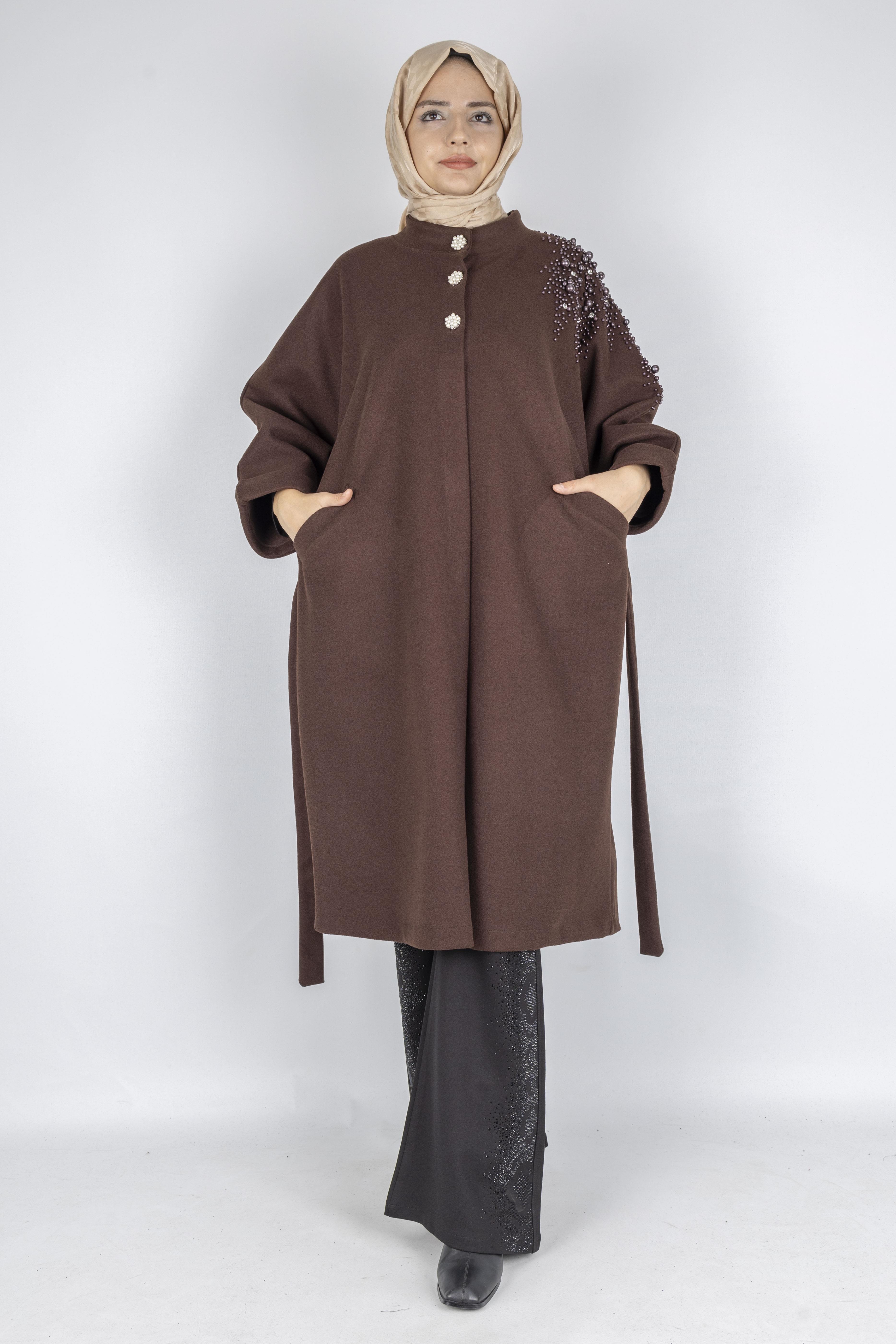 İnci Detaylı Büyük Beden Tesettür Kaban Kahve OTW9841