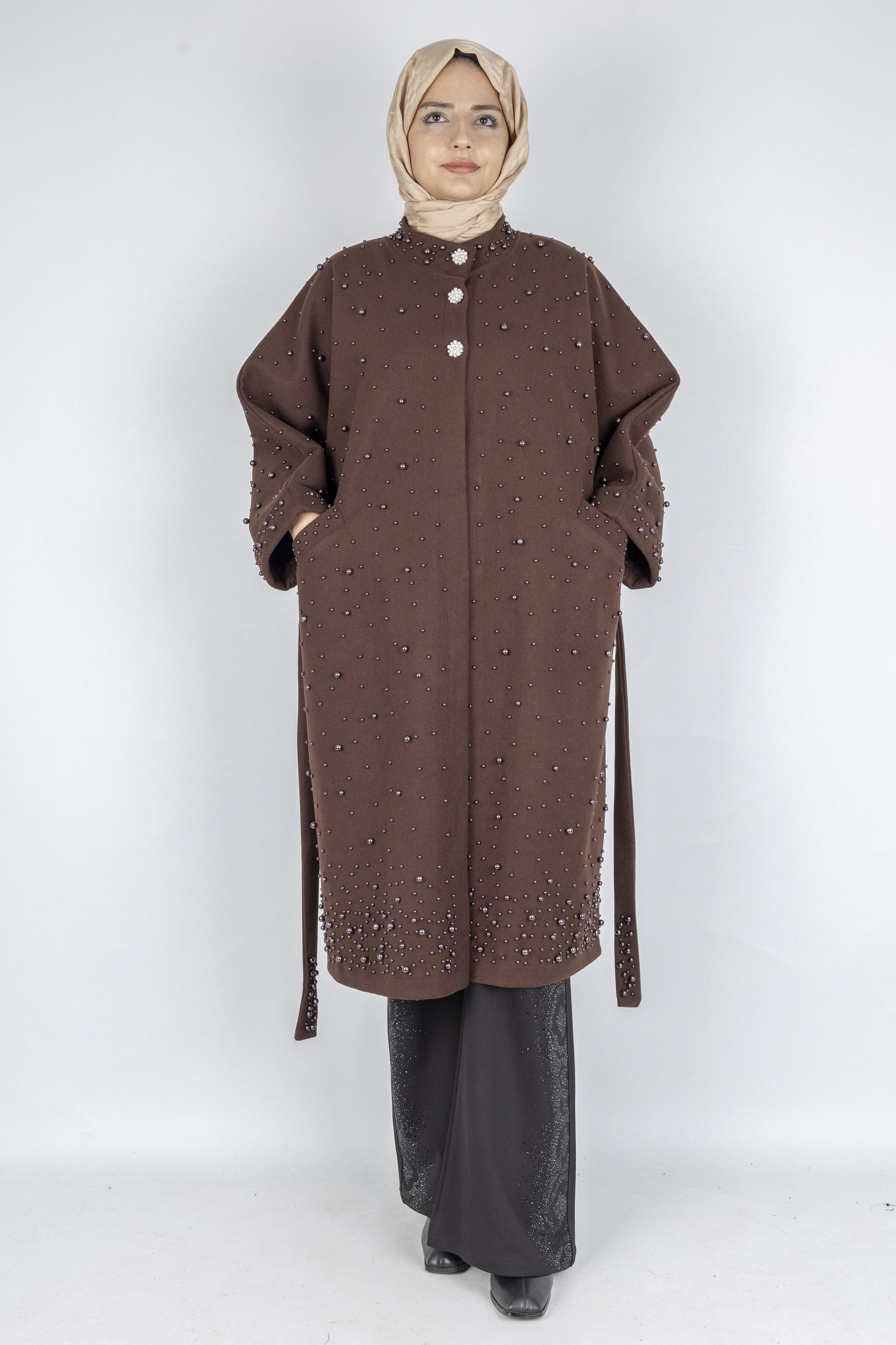 İnci Detaylı Kuşaklı Büyük Beden Kaban Kahve OTW9367