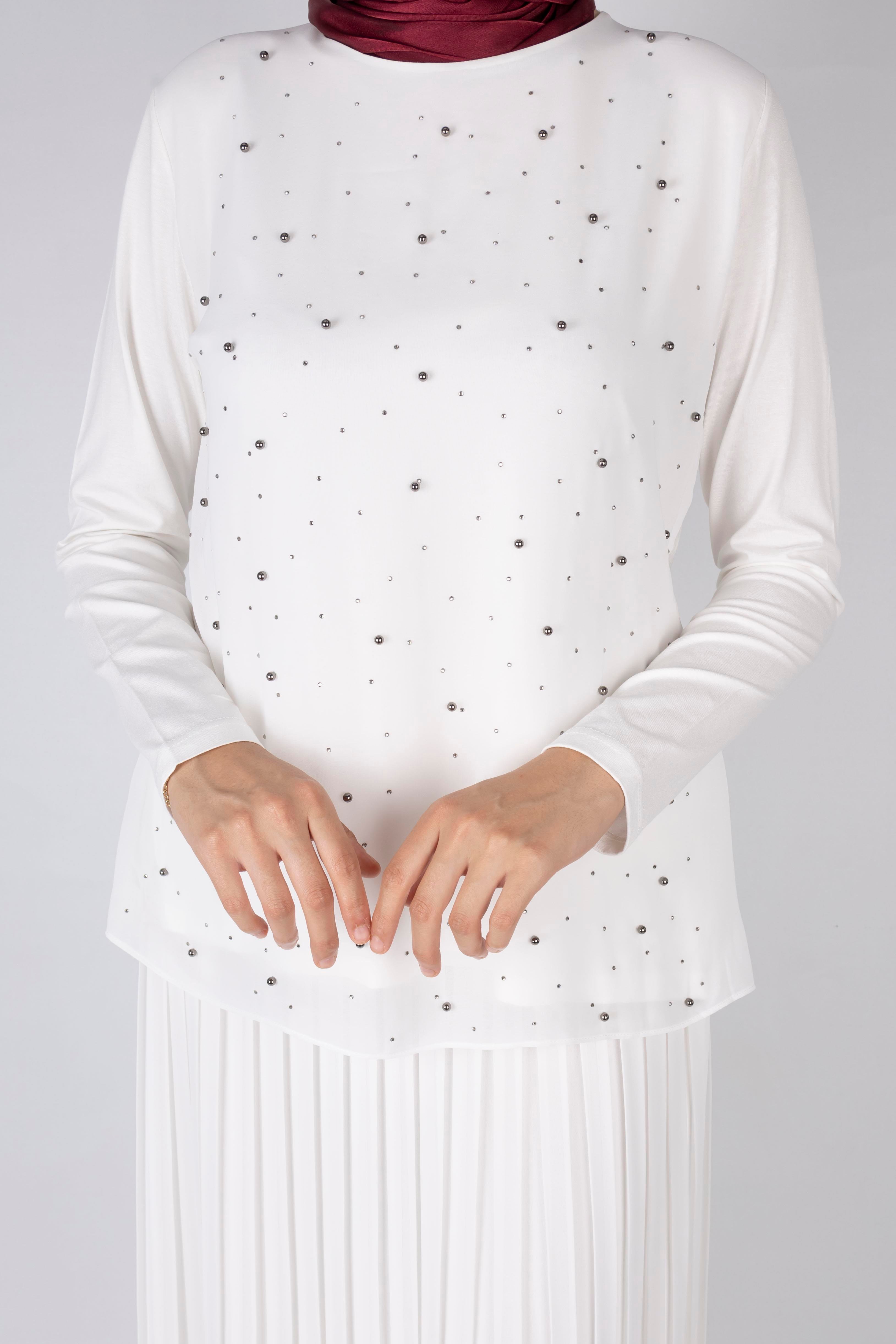 İnci Detaylı Şifon Tunik Ekru OTW577