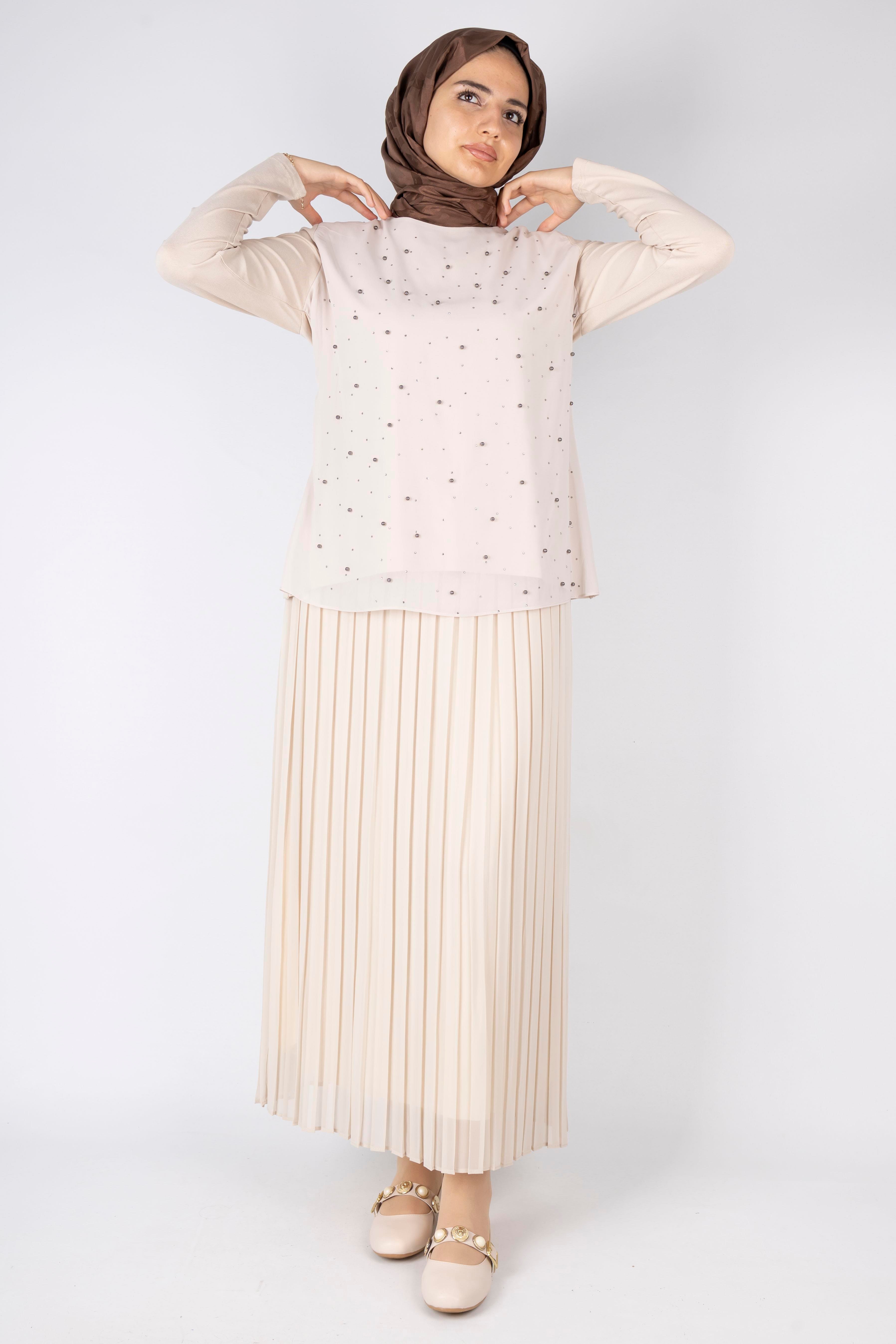 İnci Detaylı Şifon Tunik Krem OTW577