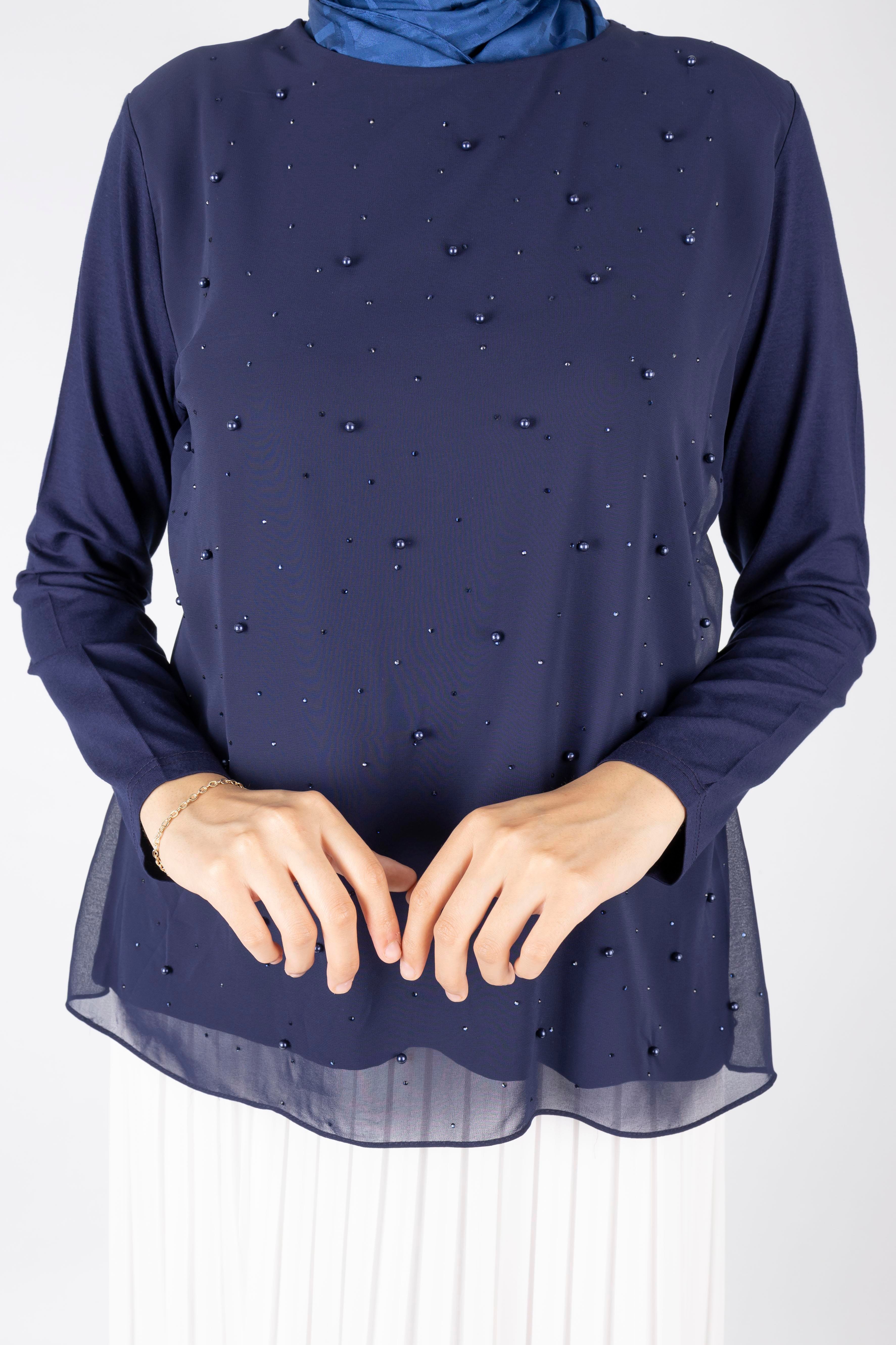 İnci Detaylı Şifon Tunik Lacivert OTW577