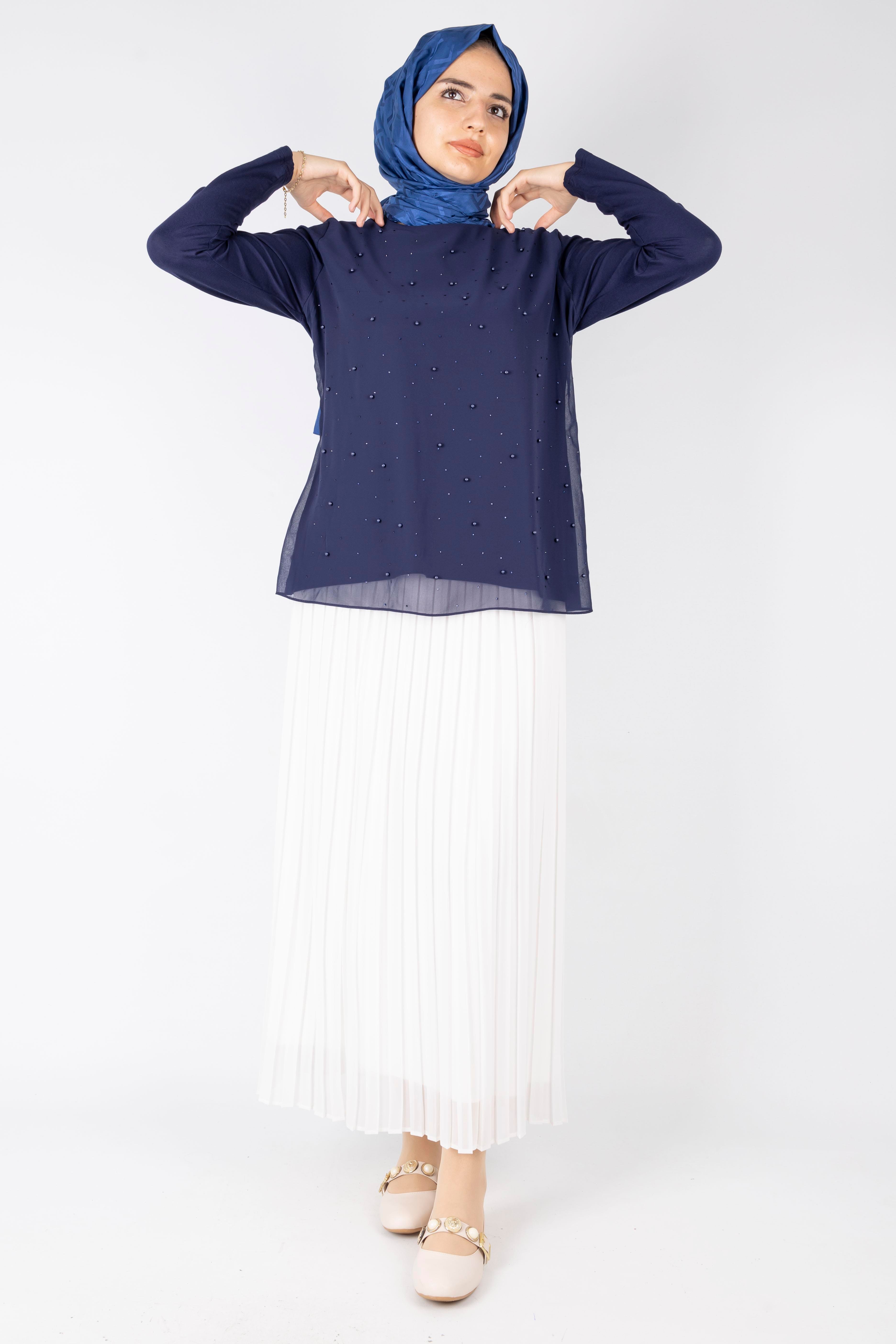 İnci Detaylı Şifon Tunik Lacivert OTW577