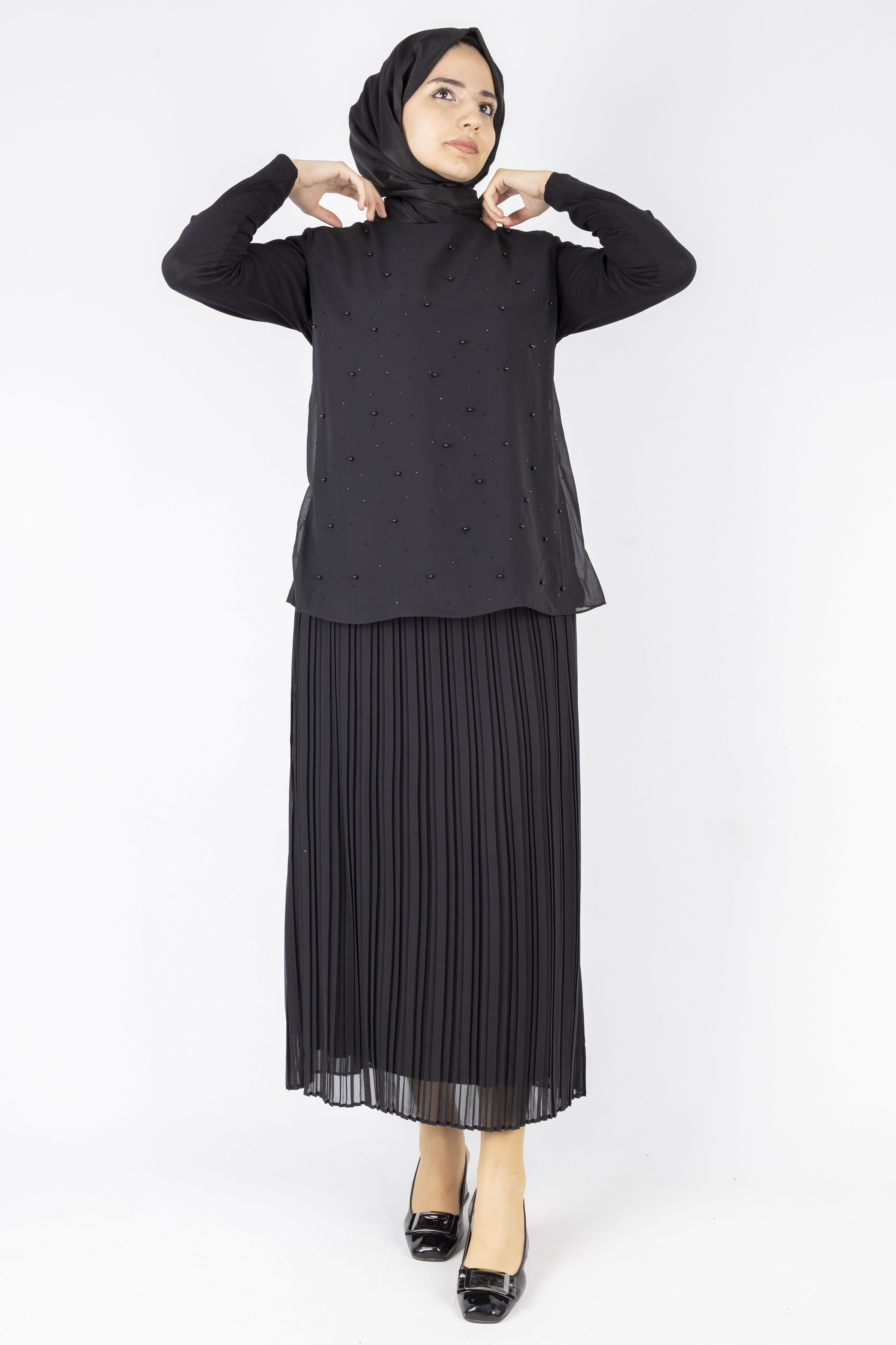 İnci Detaylı Şifon Tunik Siyah OTW577