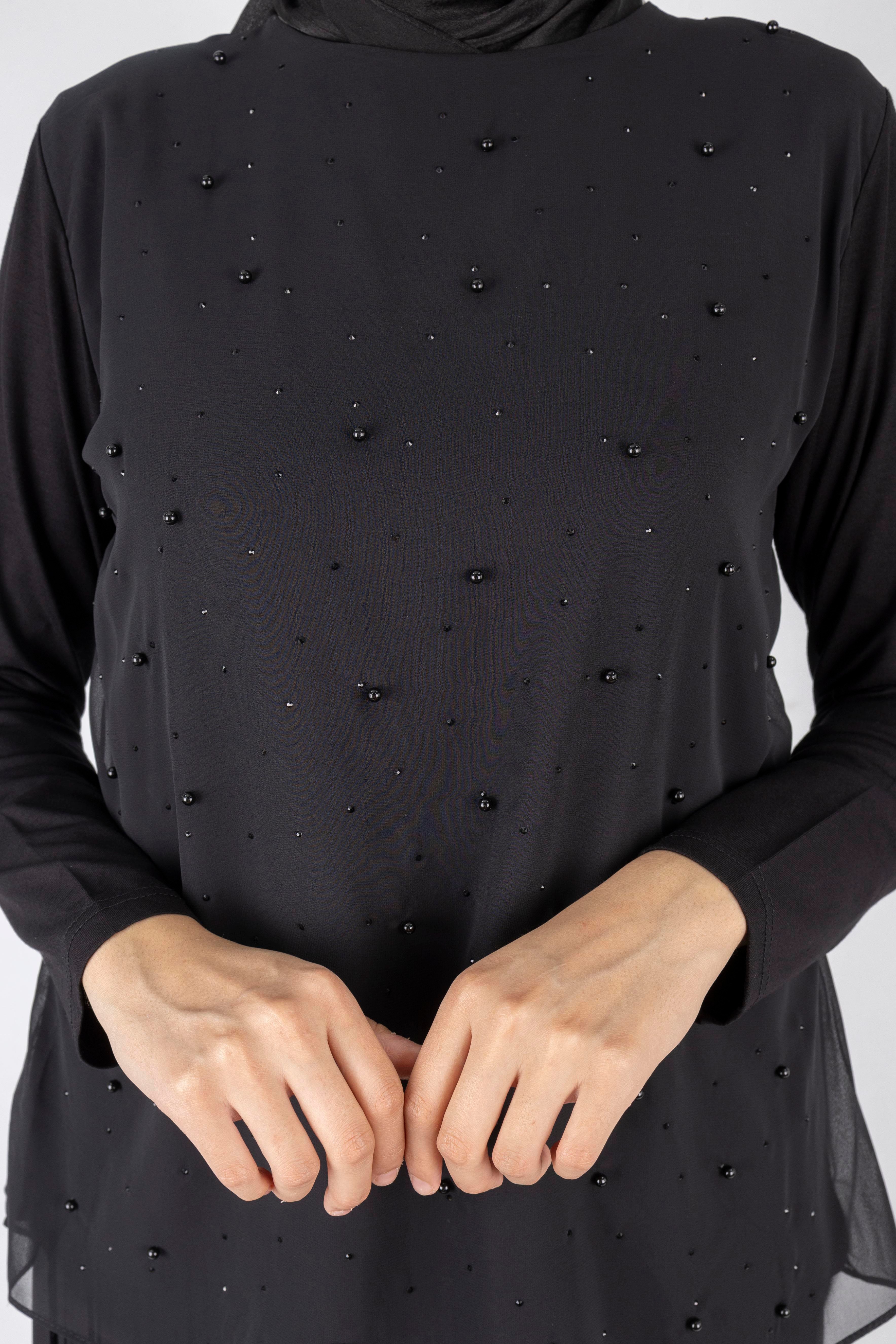 İnci Detaylı Şifon Tunik Siyah OTW577