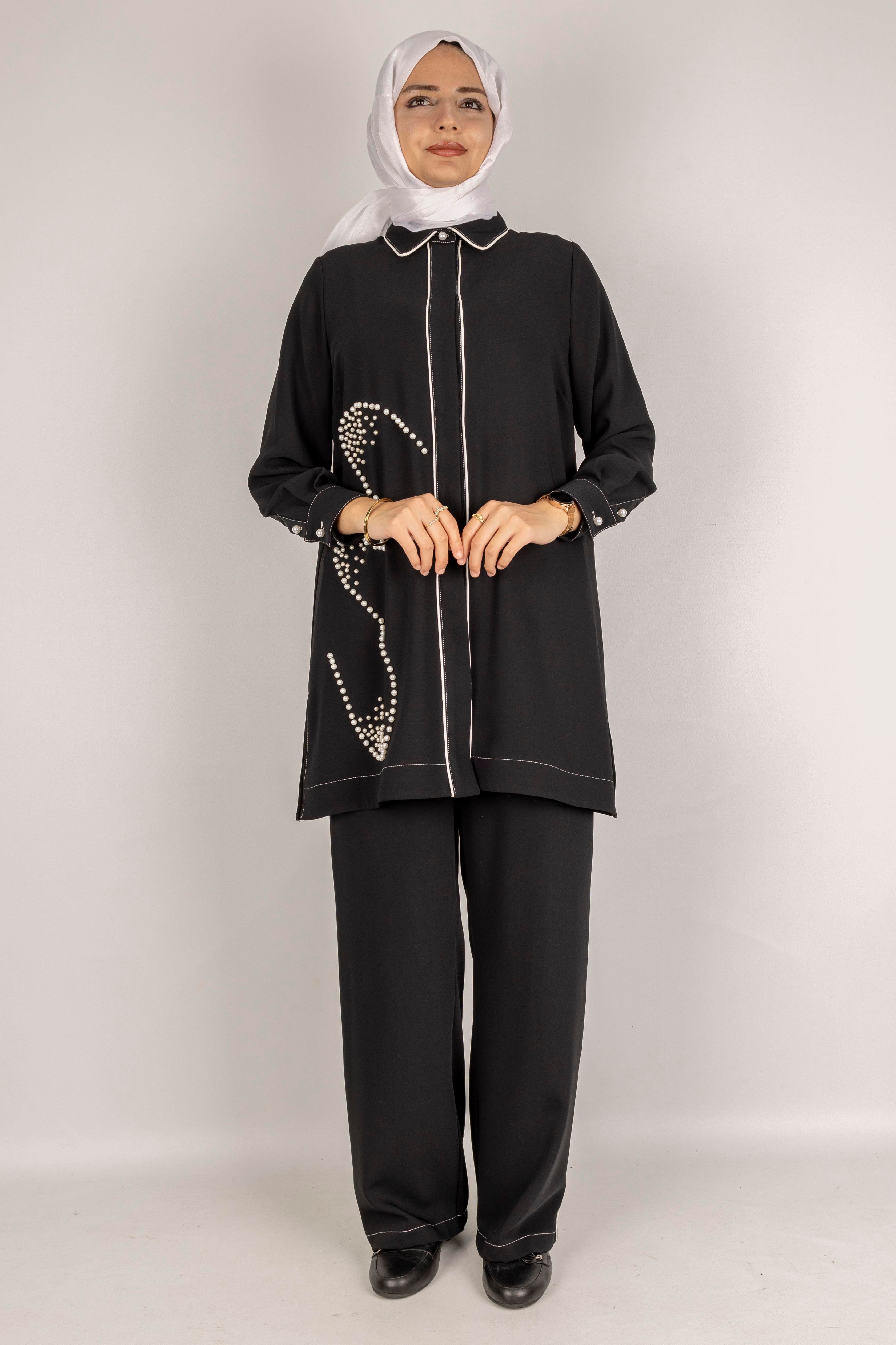 İnci Detaylı Tesettür Takım Siyah OTW1129