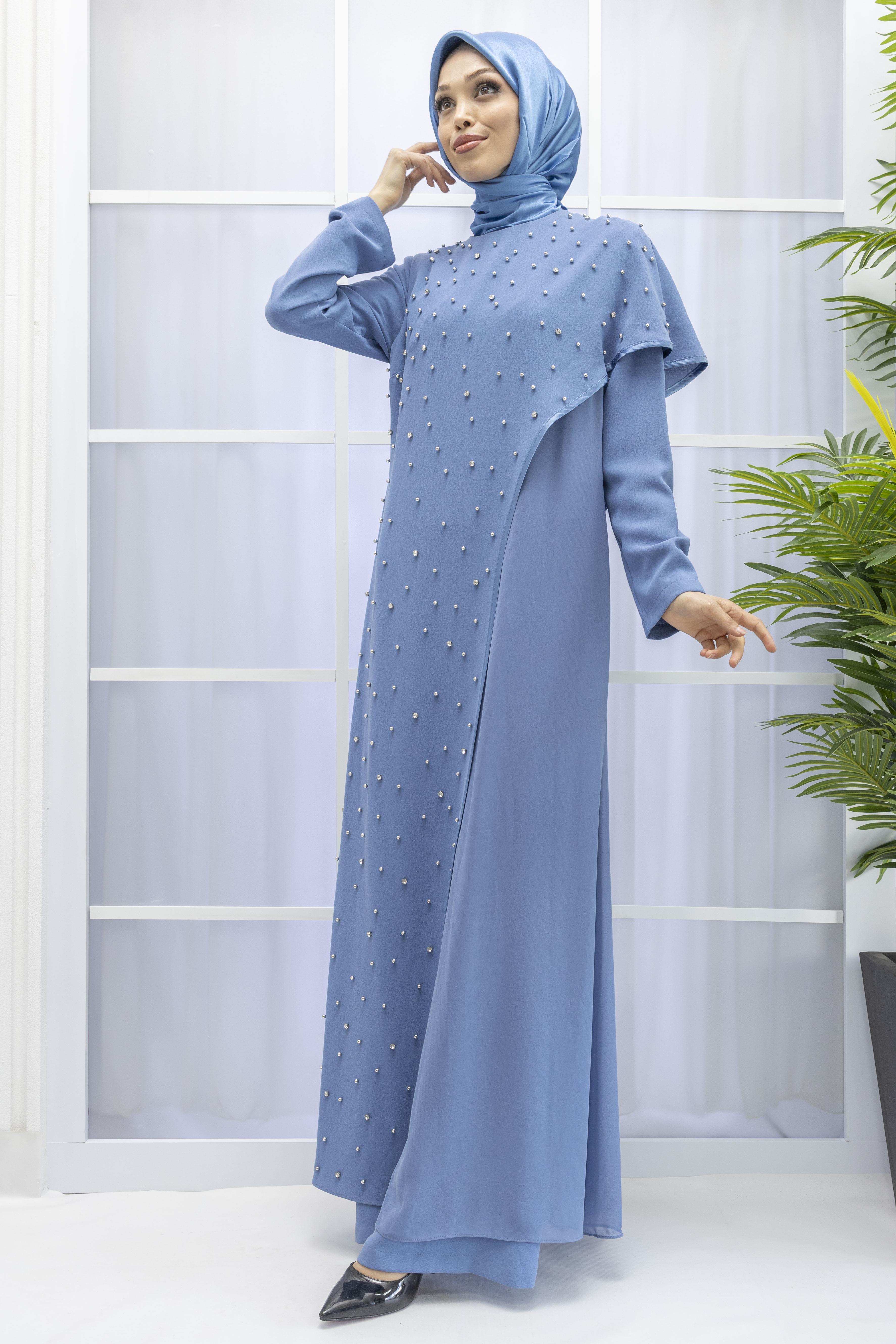 İncili İkili Pelerinli Tulum Takım İndigo OTW38942