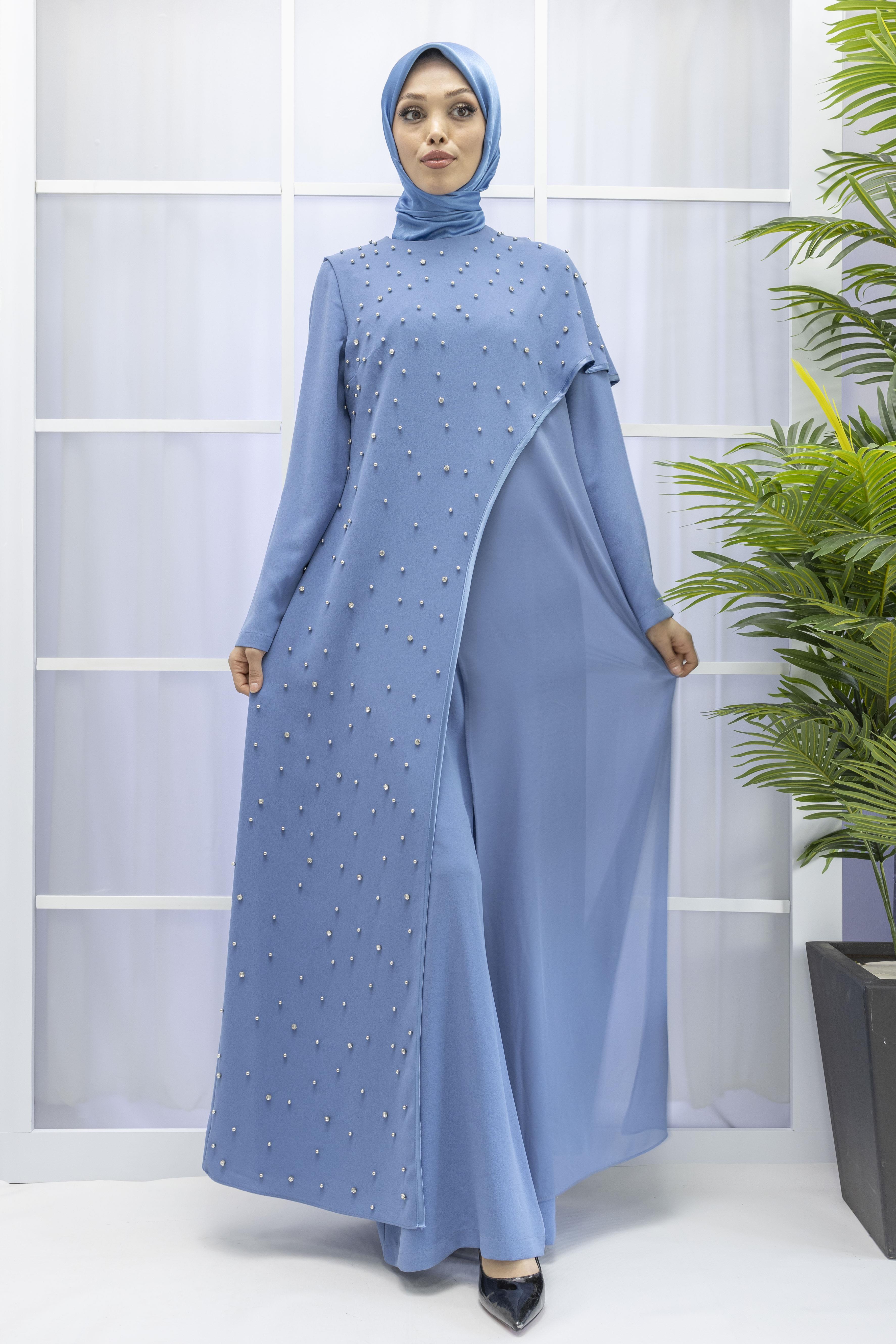 İncili İkili Pelerinli Tulum Takım İndigo OTW38942