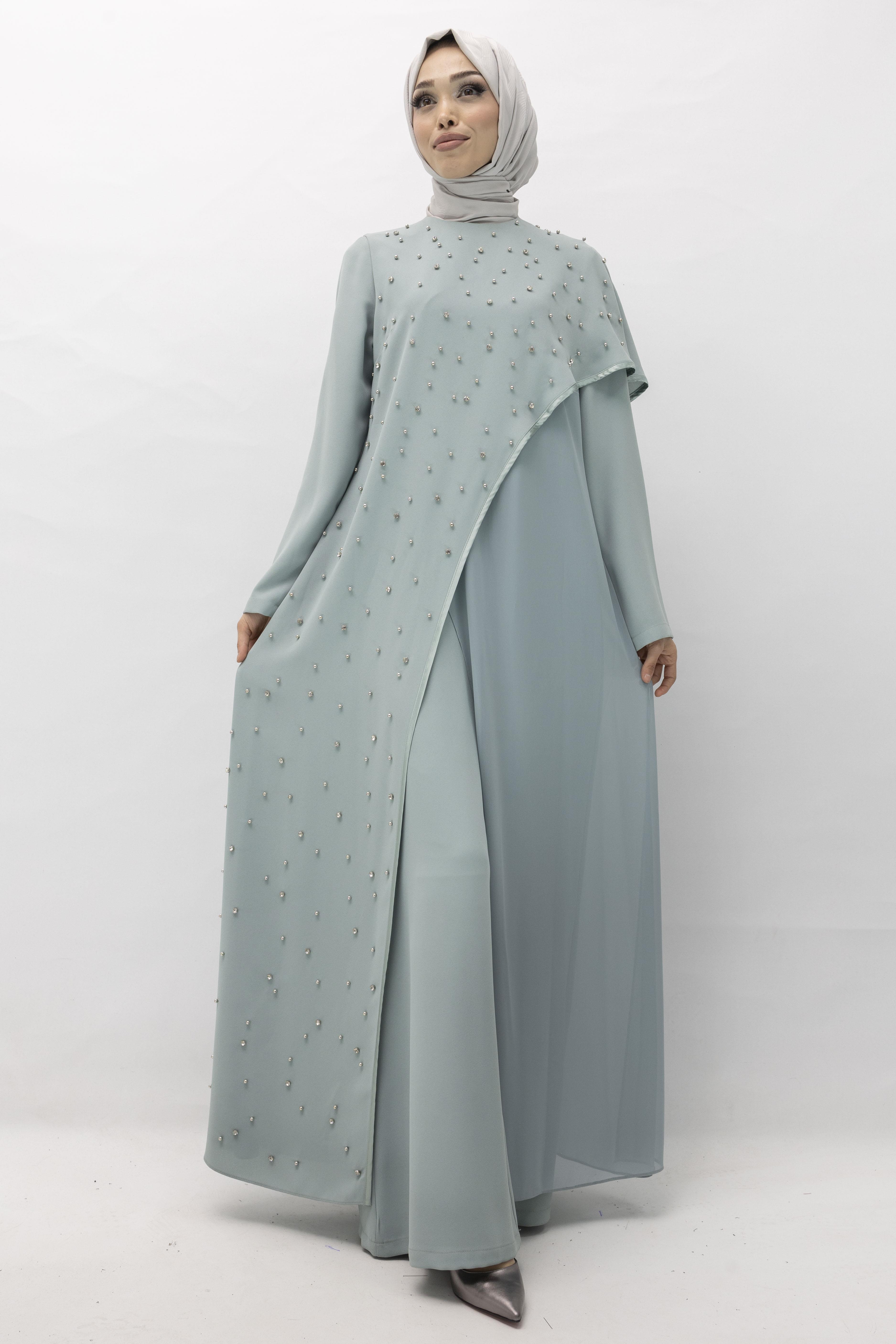 İncili İkili Pelerinli Tulum Takım Mint OTW38942