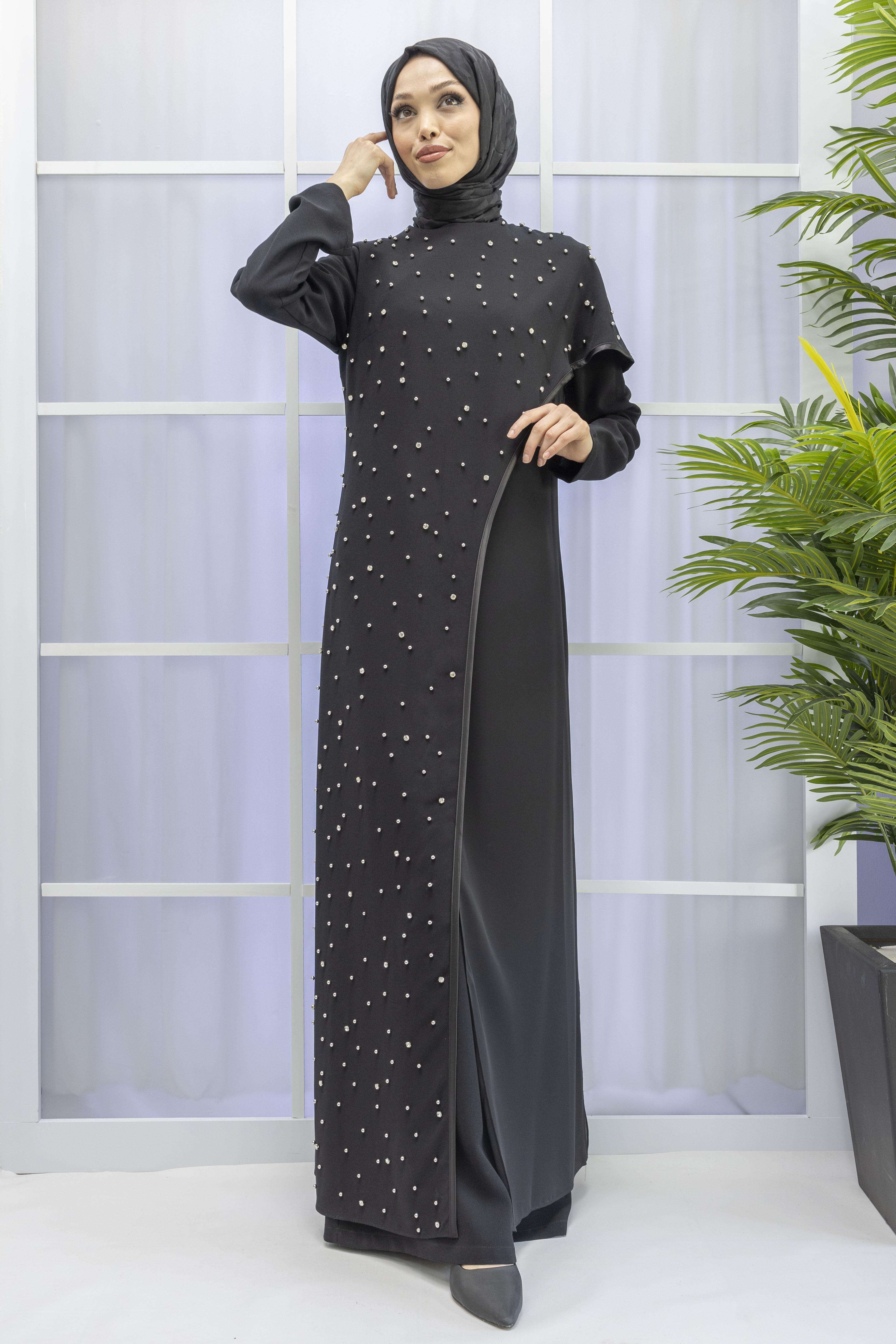 İncili İkili Pelerinli Tulum Takım Siyah OTW38942