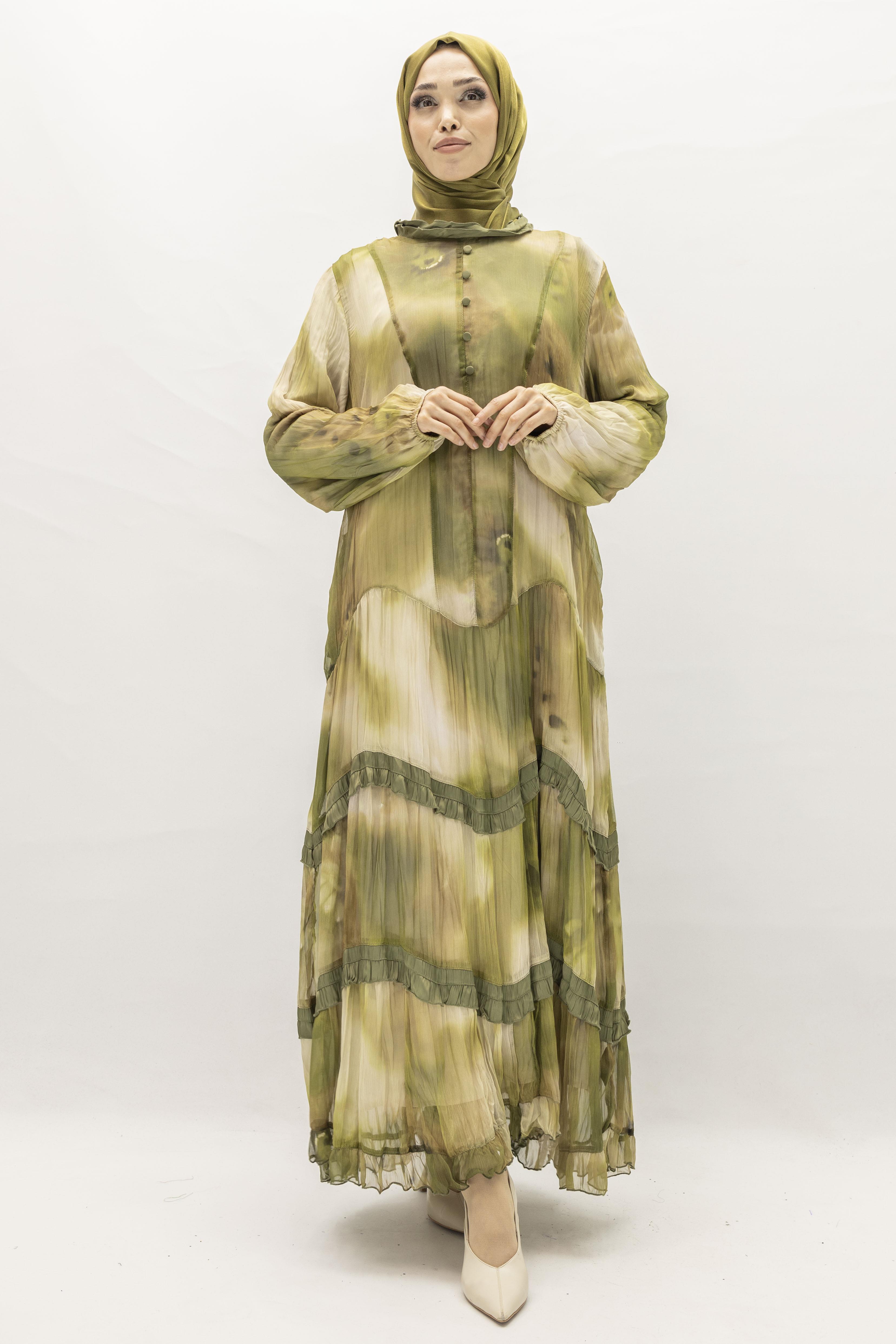 İpek Viskon Karışımlı Büyük Beden Yazlık Astarlı Elbise Haki OTW5944