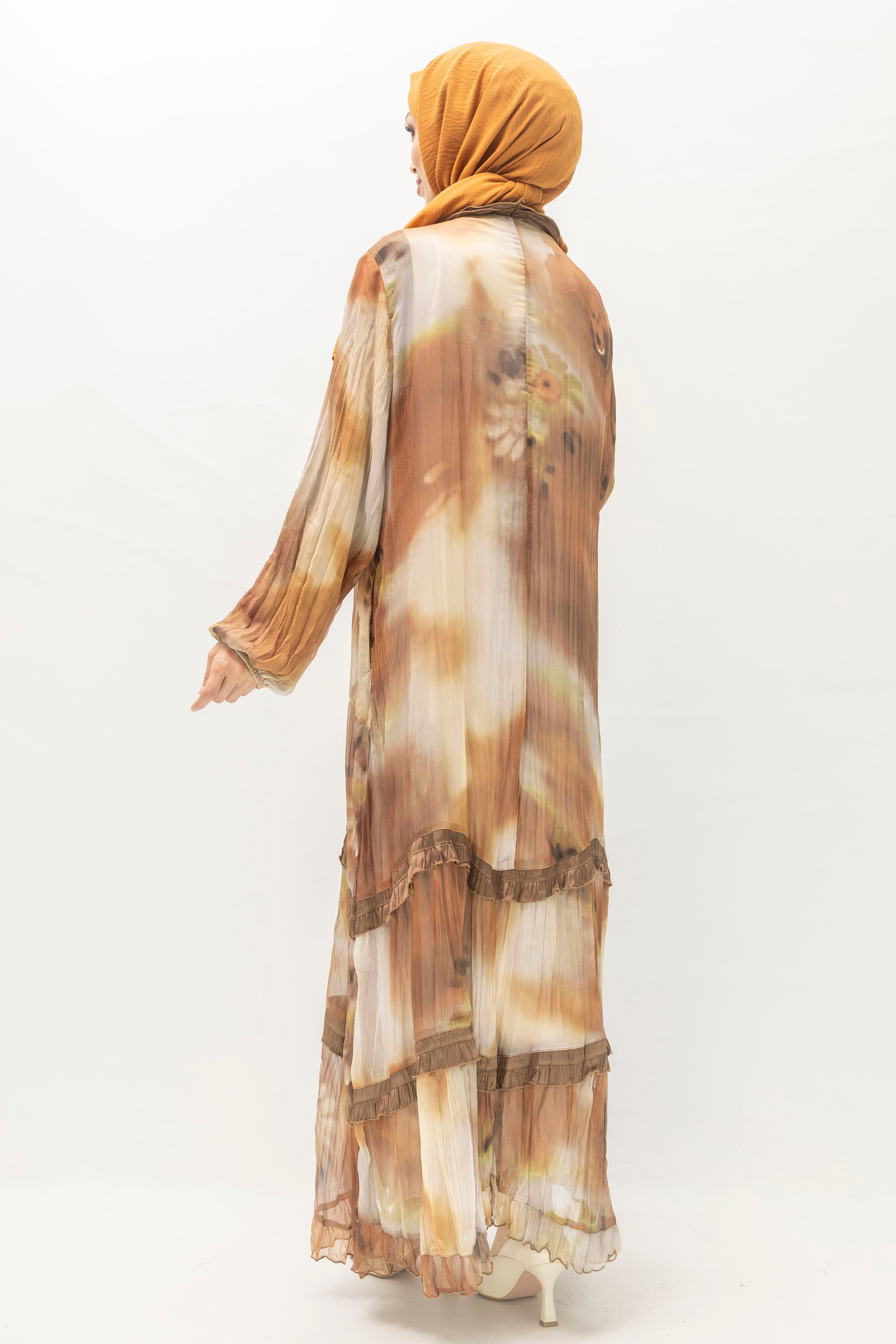 İpek Viskon Karışımlı Büyük Beden Yazlık Astarlı Elbise Brown OTW5944