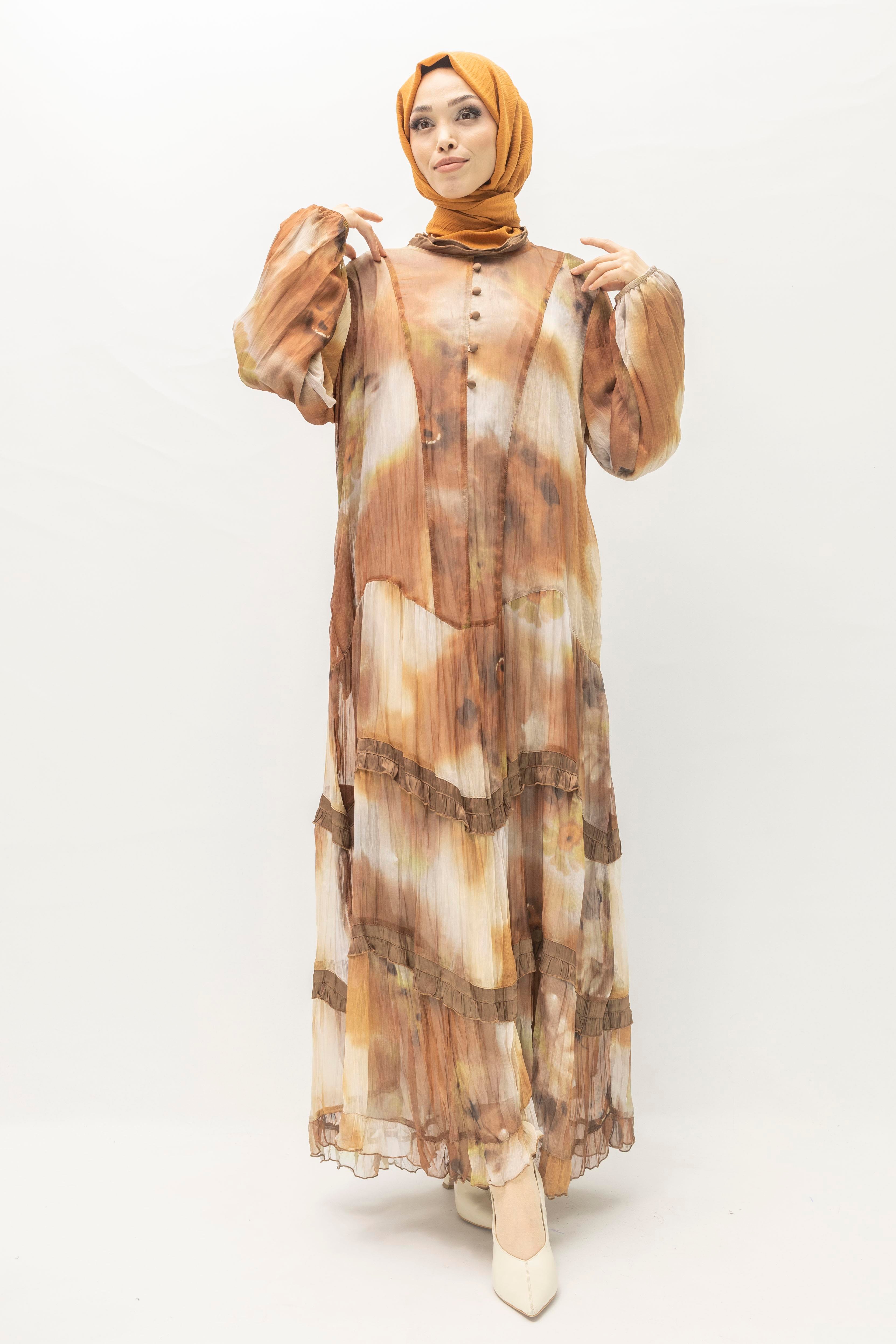 İpek Viskon Karışımlı Büyük Beden Yazlık Astarlı Elbise Brown OTW5944