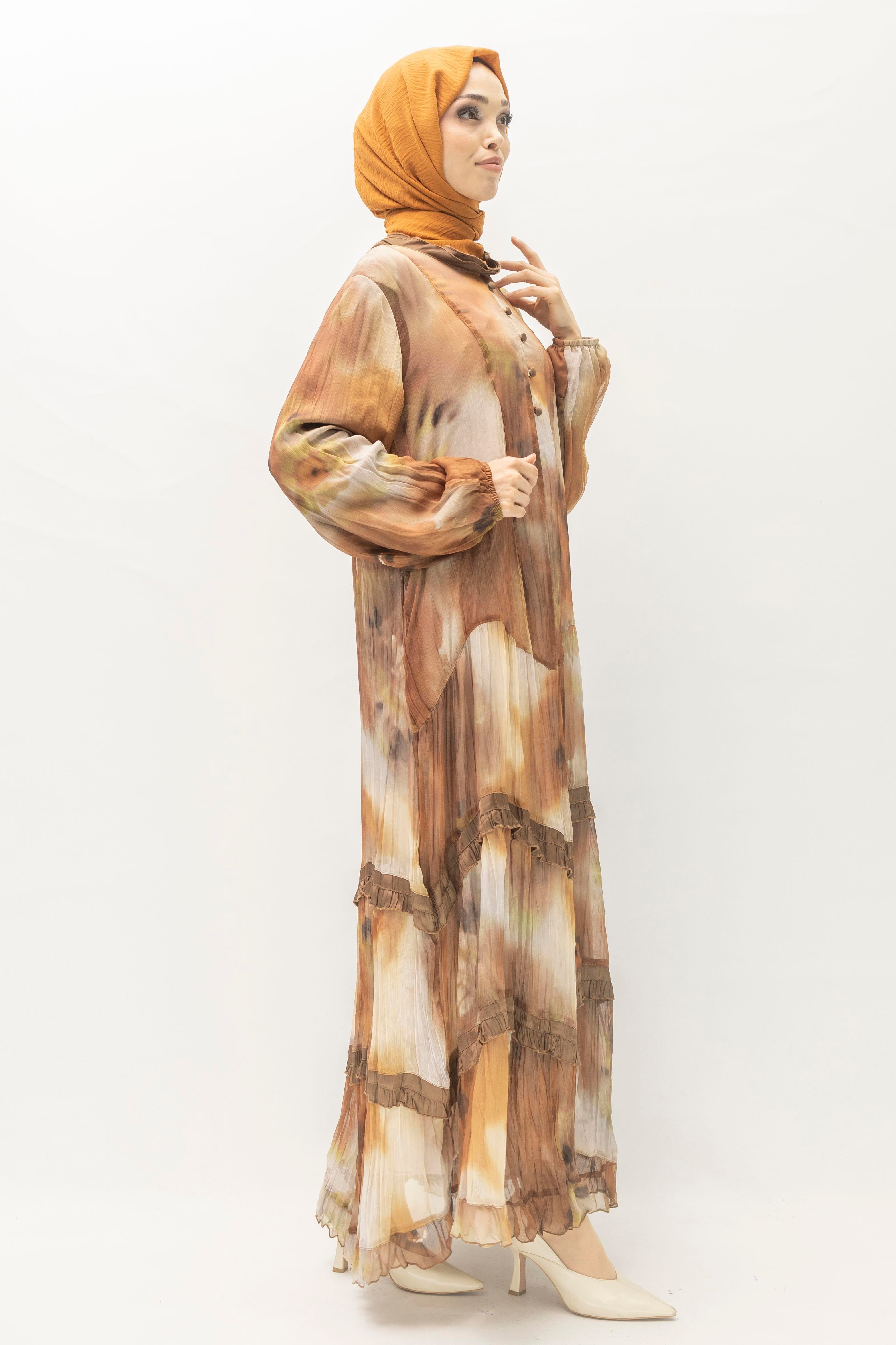 İpek Viskon Karışımlı Büyük Beden Yazlık Astarlı Elbise Brown OTW5944