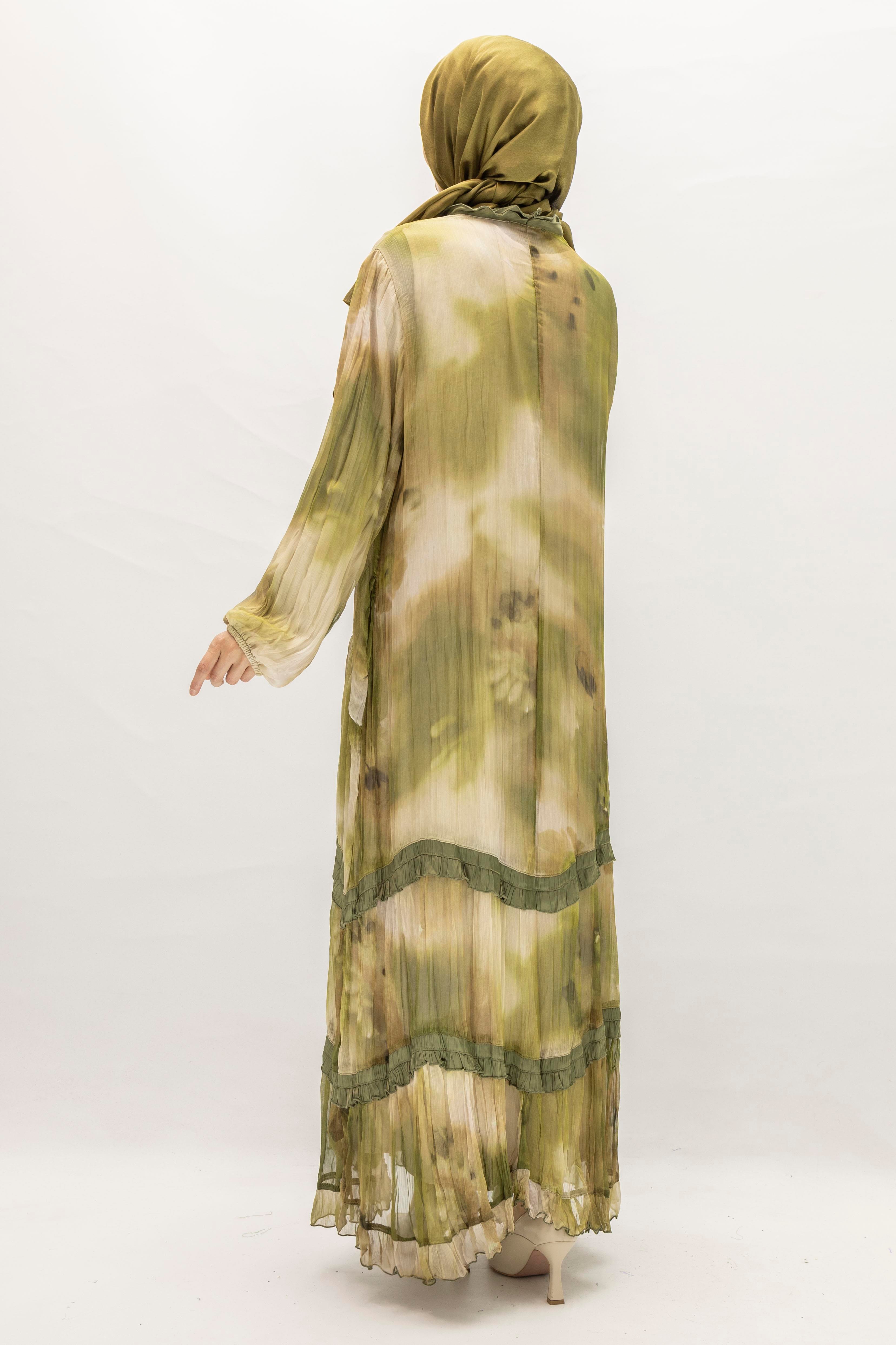 İpek Viskon Karışımlı Büyük Beden Yazlık Astarlı Elbise Haki OTW5944