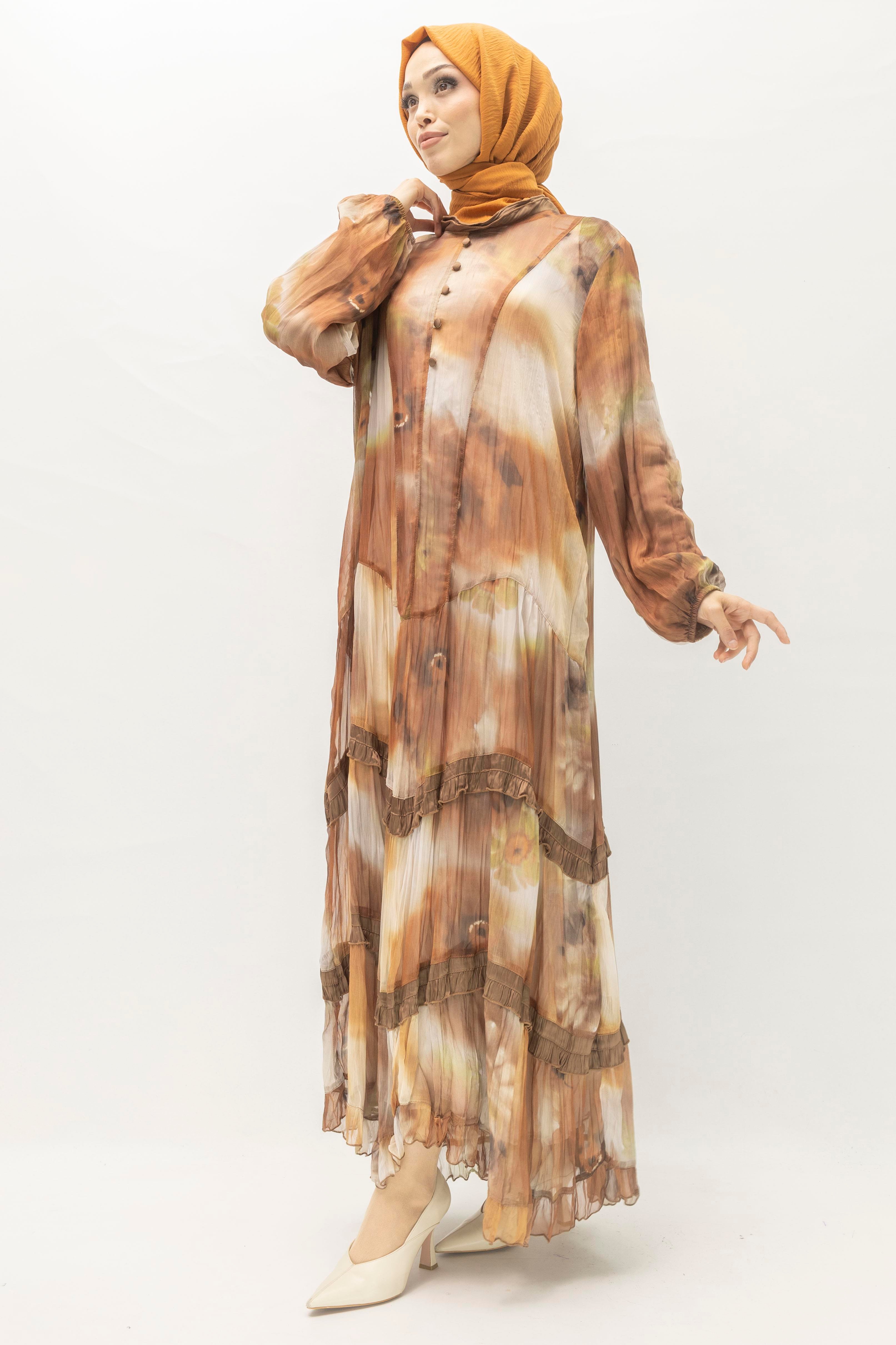 İpek Viskon Karışımlı Büyük Beden Yazlık Astarlı Elbise Brown OTW5944