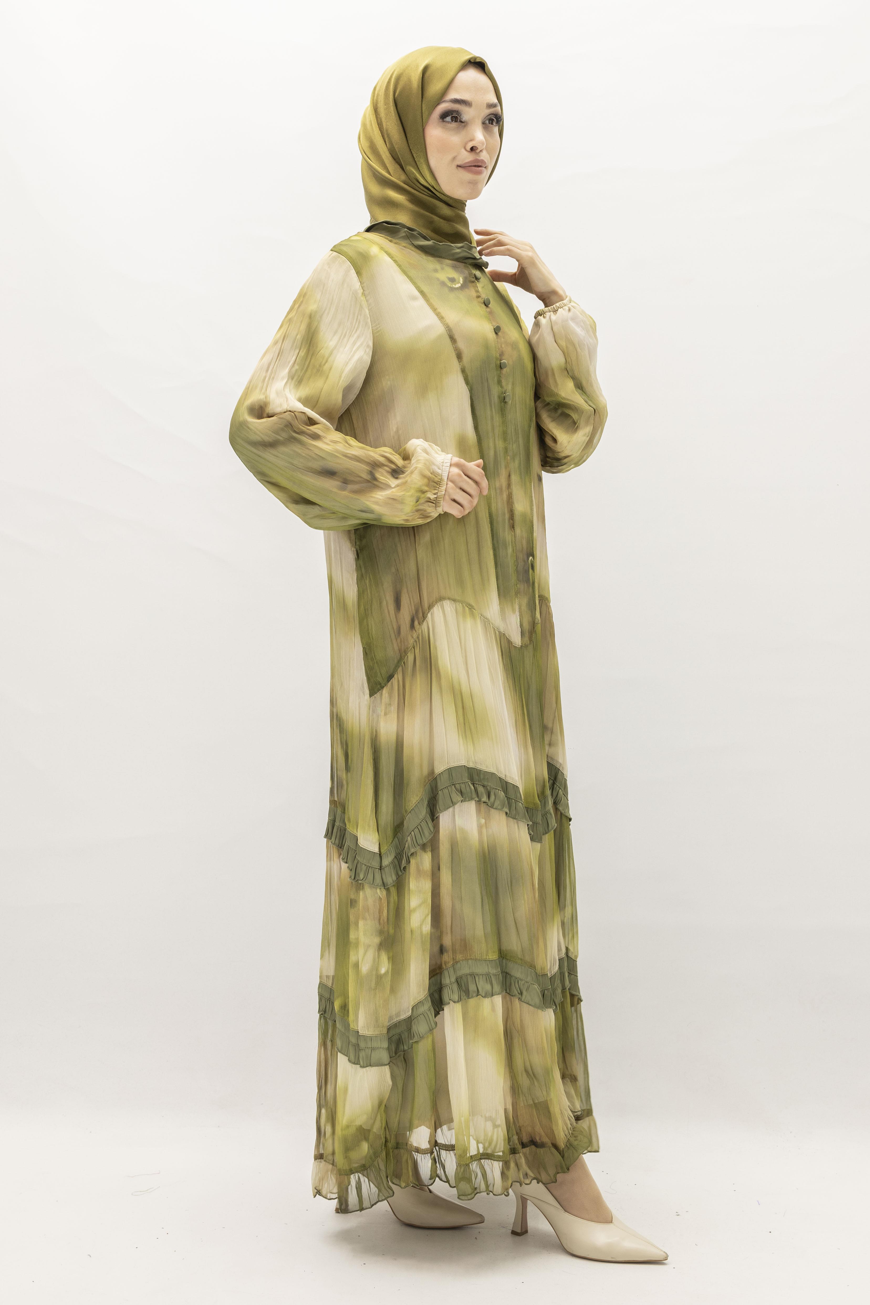 İpek Viskon Karışımlı Büyük Beden Yazlık Astarlı Elbise Haki OTW5944