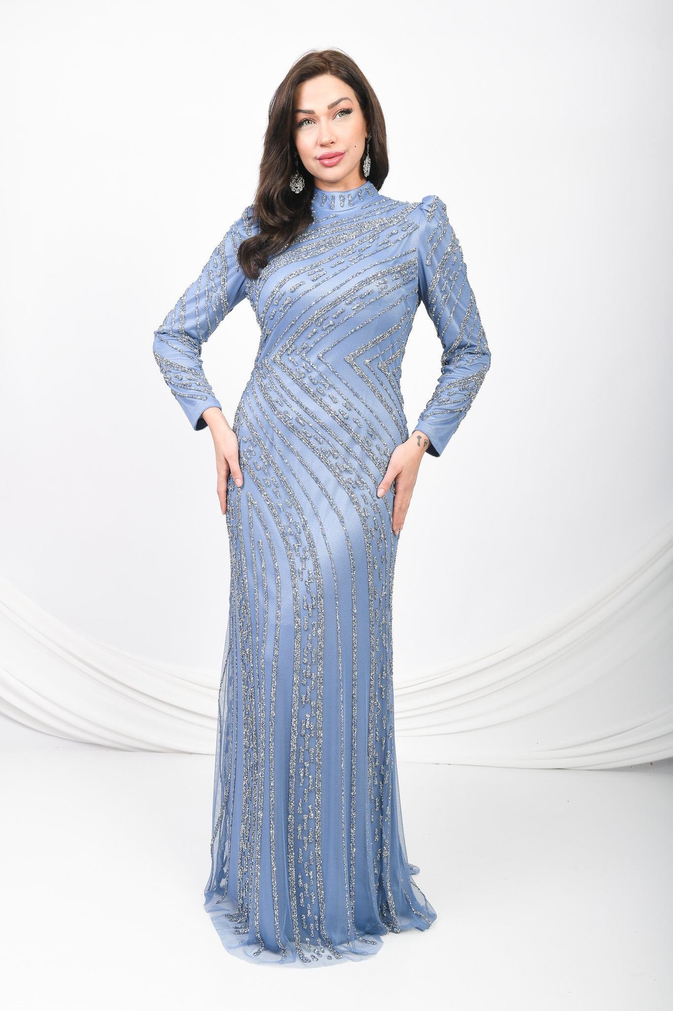 İşlemeli Abiye Elbise Mavi OTW5102