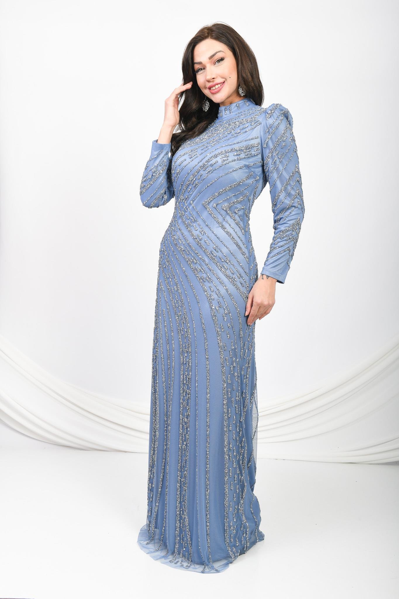 İşlemeli Abiye Elbise Mavi OTW5102