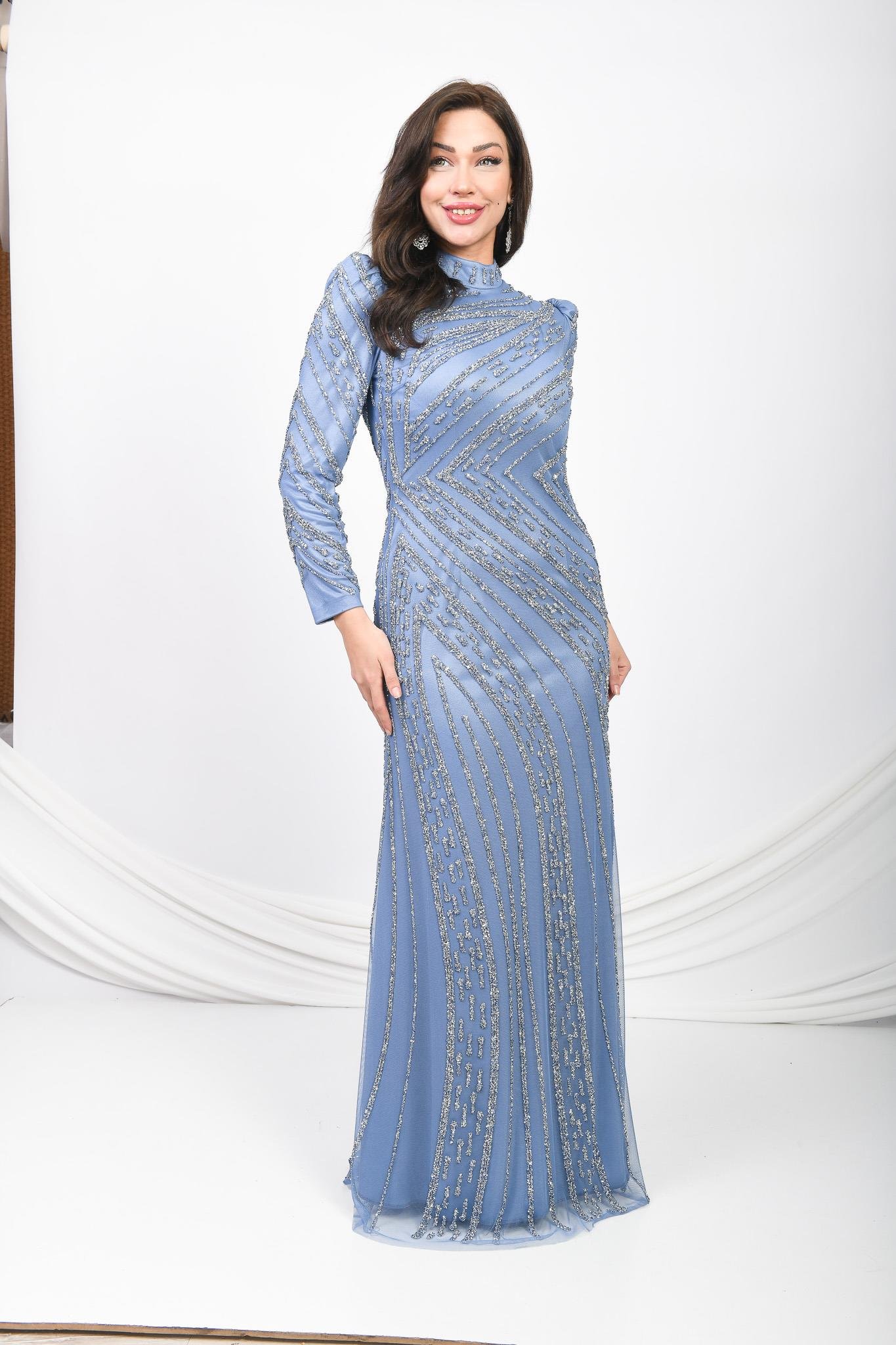 İşlemeli Abiye Elbise Mavi OTW5102