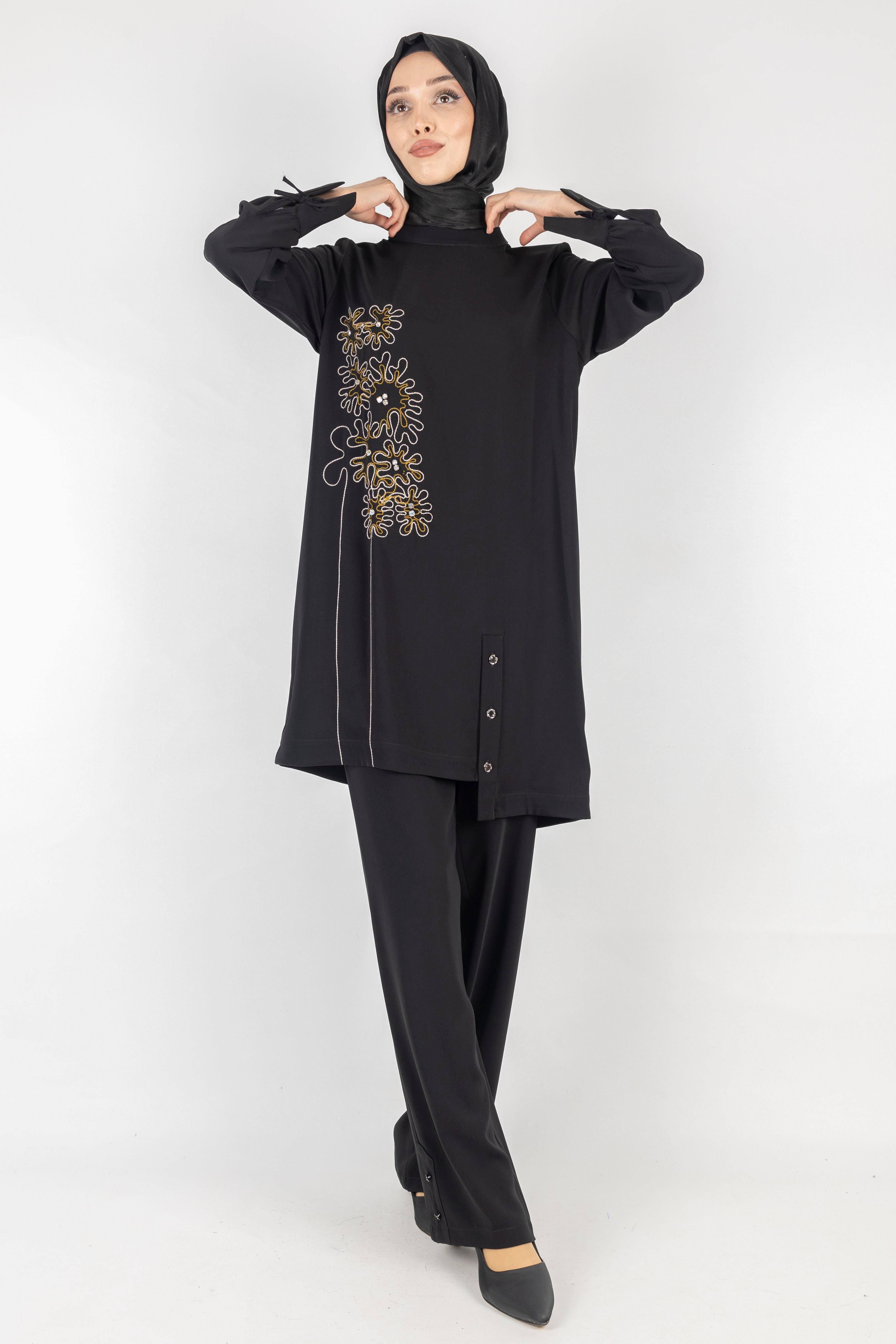 İşlemeli Pantolonlu Takım Siyah OTW1006