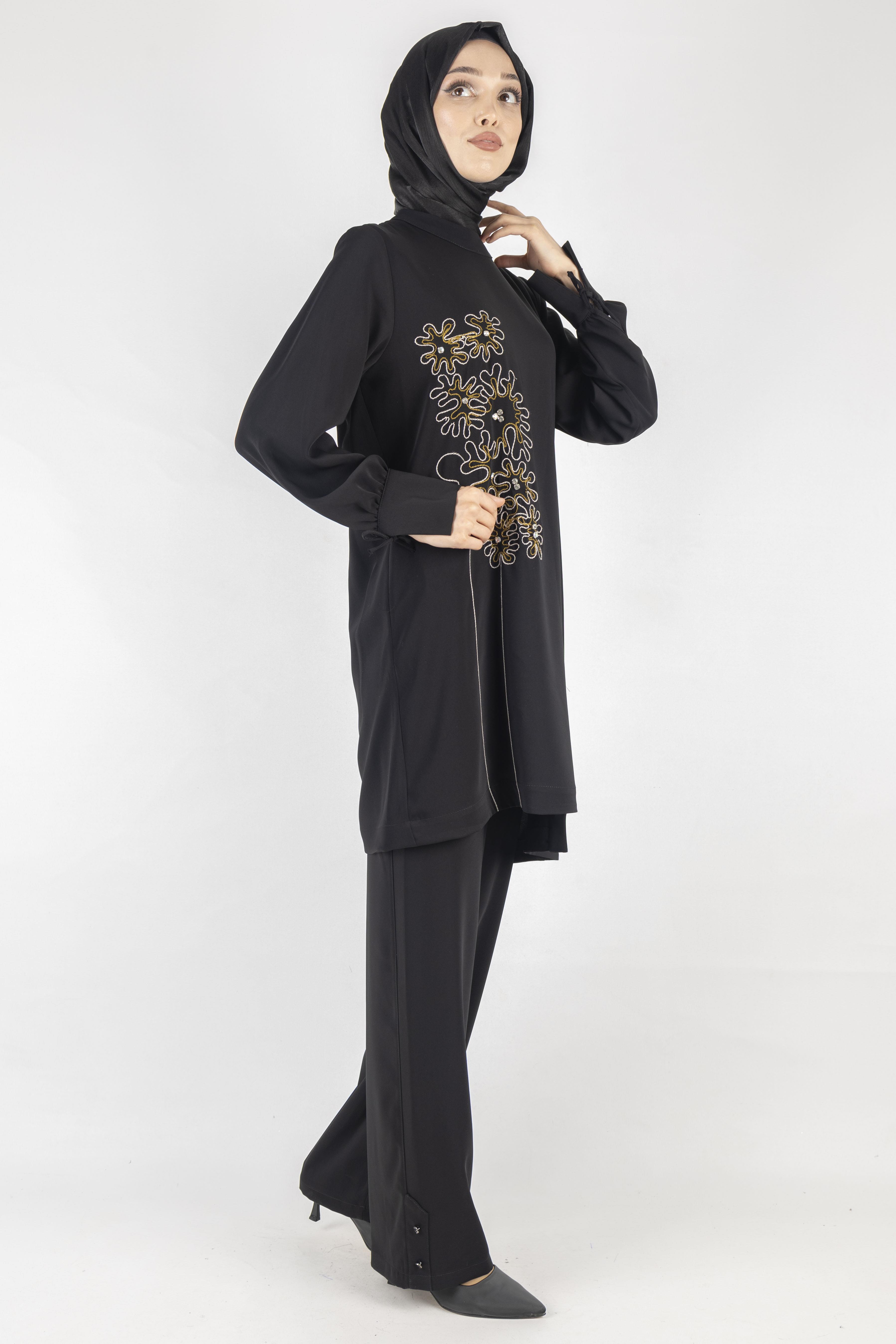 İşlemeli Pantolonlu Takım Siyah OTW1006