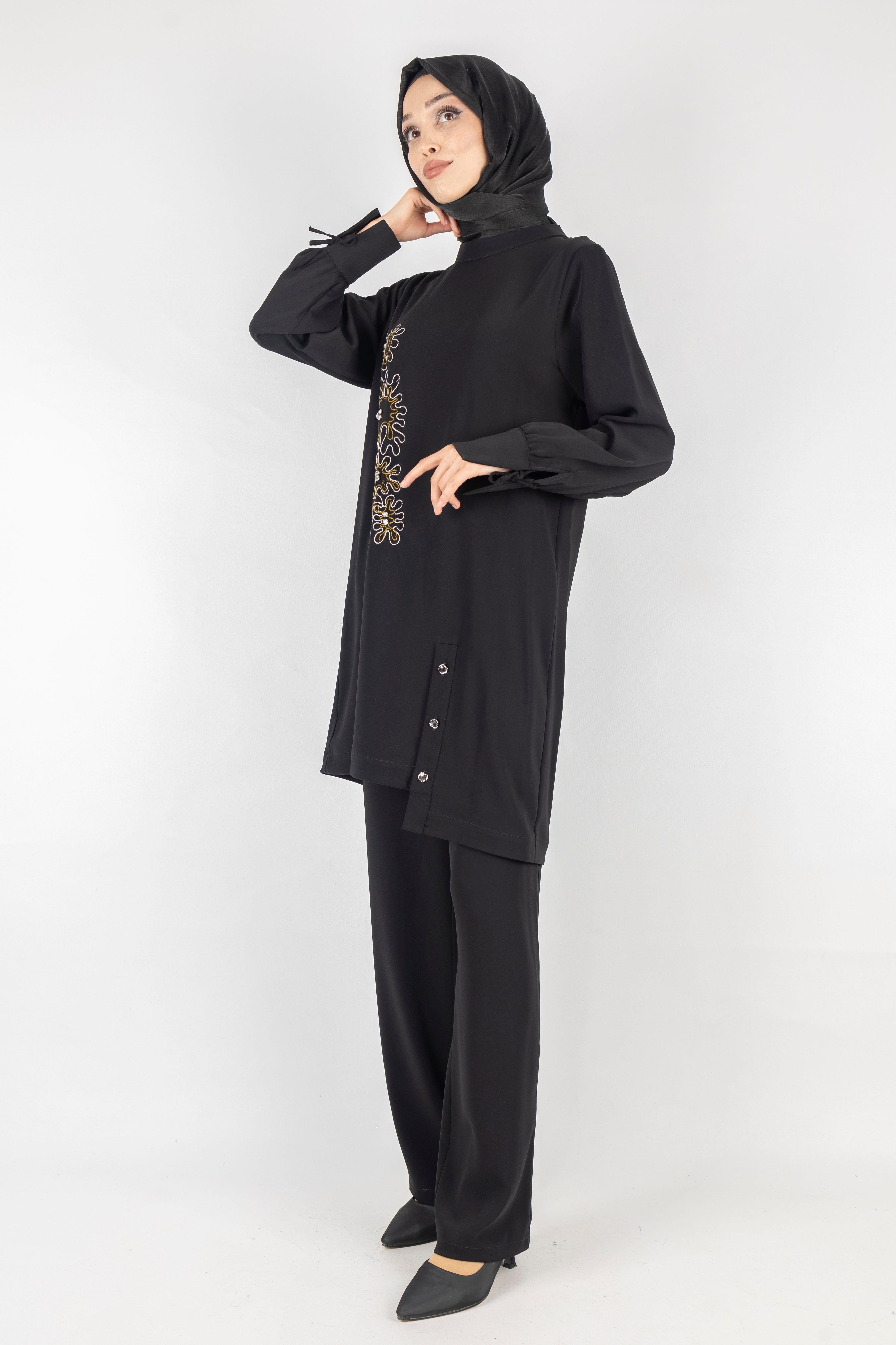 İşlemeli Pantolonlu Takım Siyah OTW1006