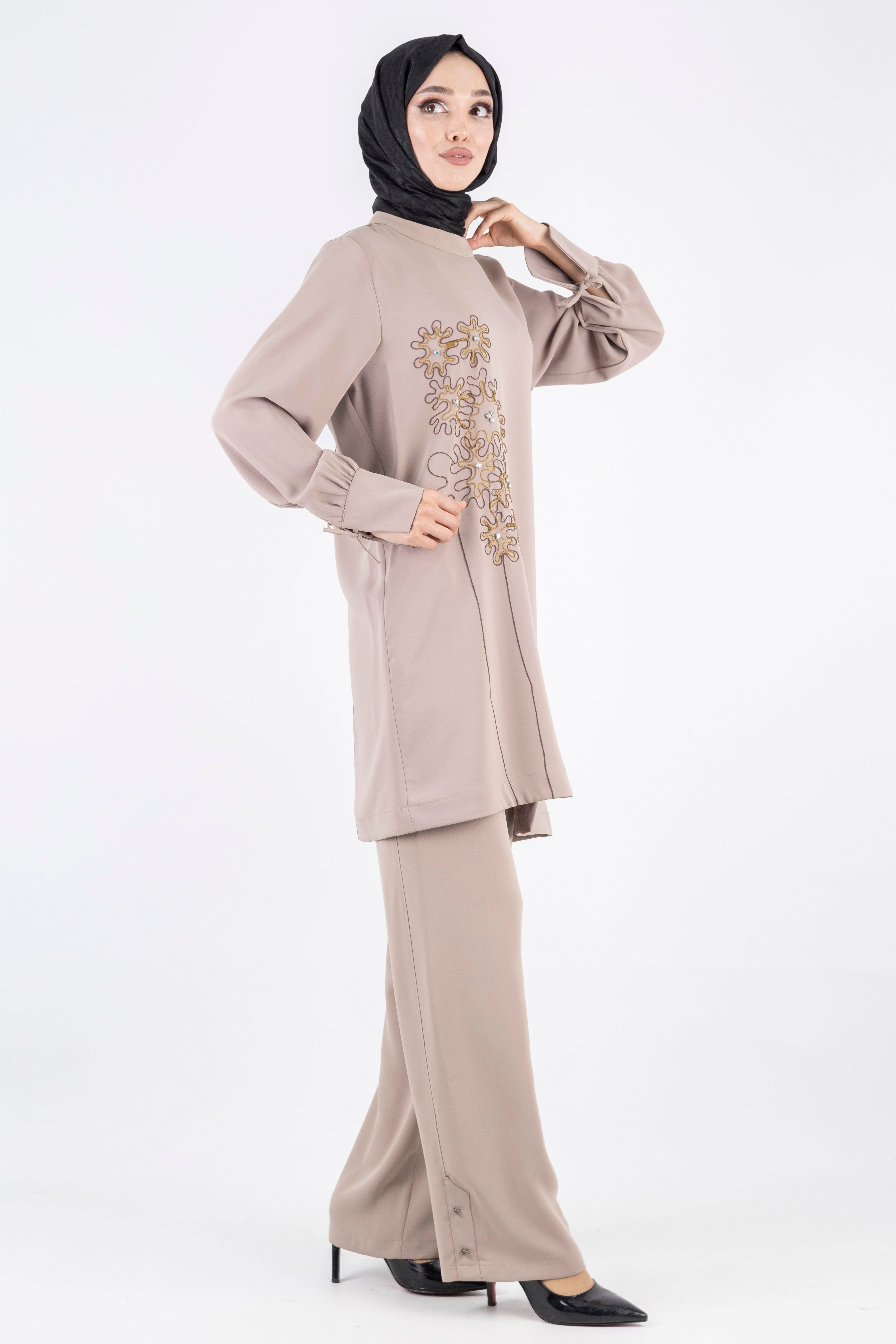 İşlemeli Pantolonlu Takım Vizon OTW1006