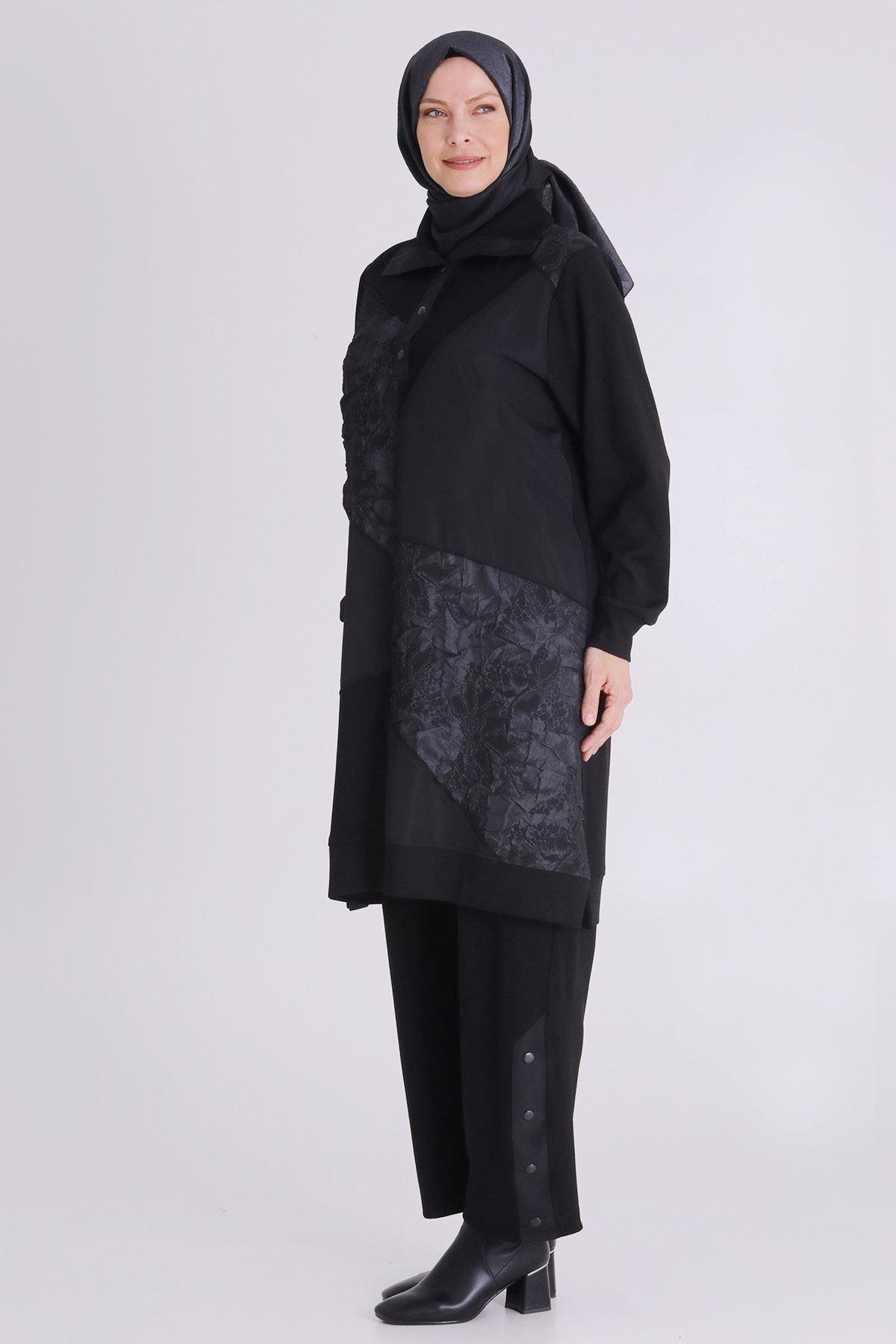 Jakar ve Saten Parçalı Pantolonlu Takım Siyah-Füme OTW35136