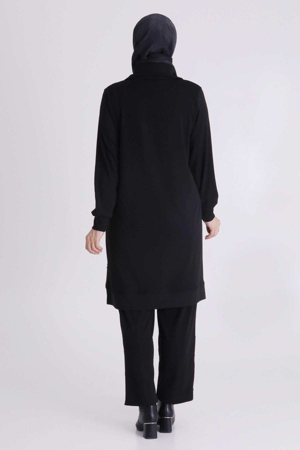 Jakar ve Saten Parçalı Pantolonlu Takım Siyah-Füme OTW35136