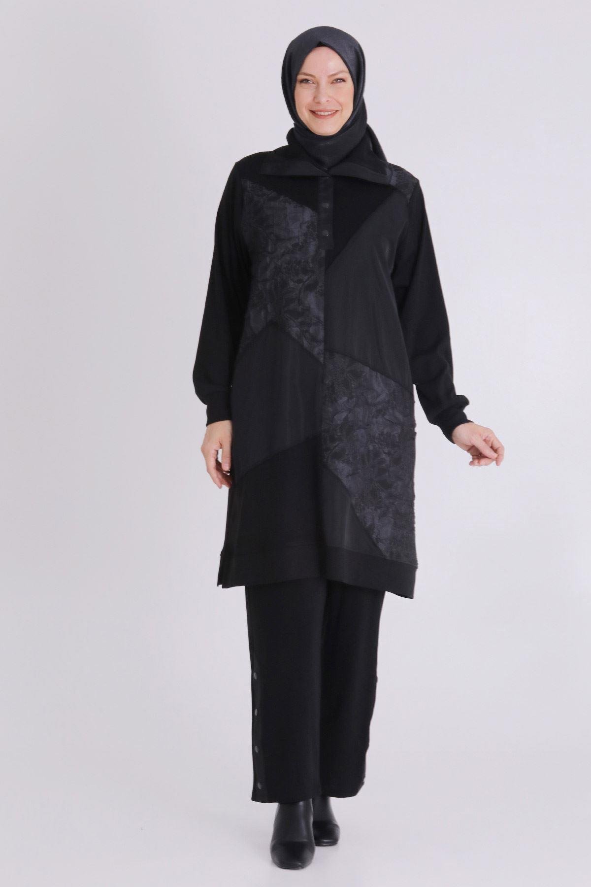 Jakar ve Saten Parçalı Pantolonlu Takım Siyah-Füme OTW35136