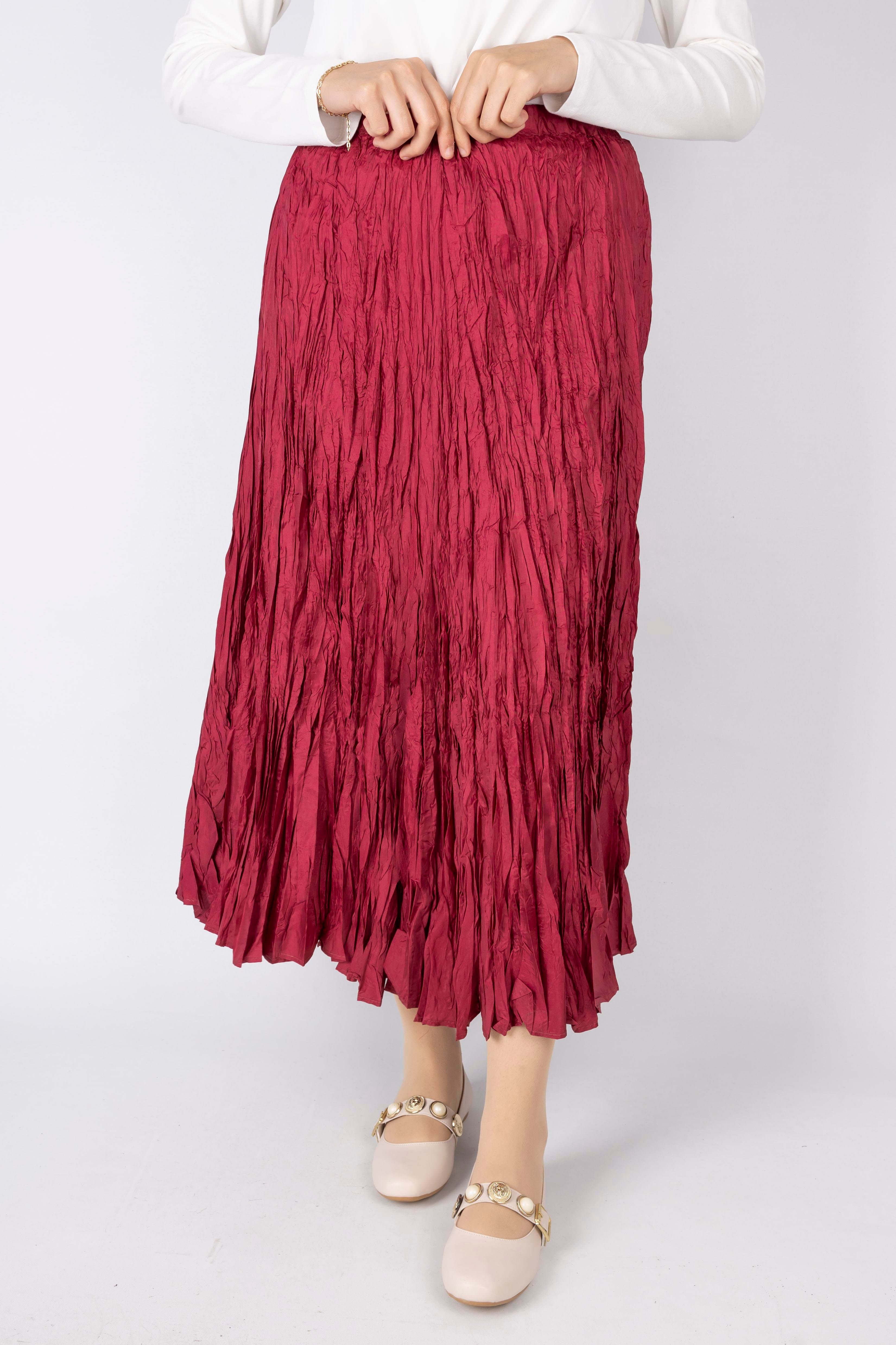 Kadın Crinkle Kumaş Lastikli Bel Etek Fuşya OTW9156