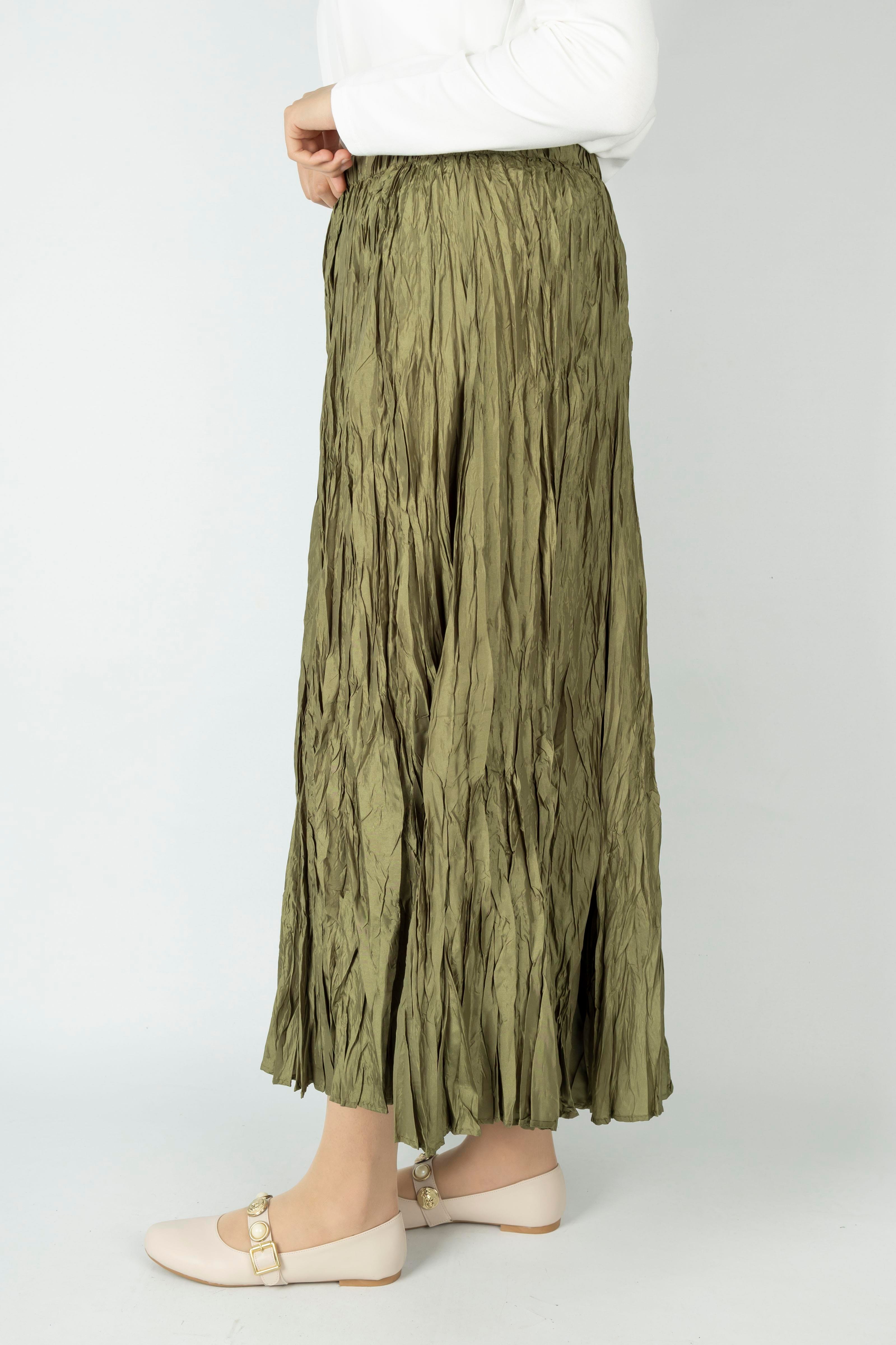 Kadın Crinkle Kumaş Lastikli Bel Etek Haki OTW9156