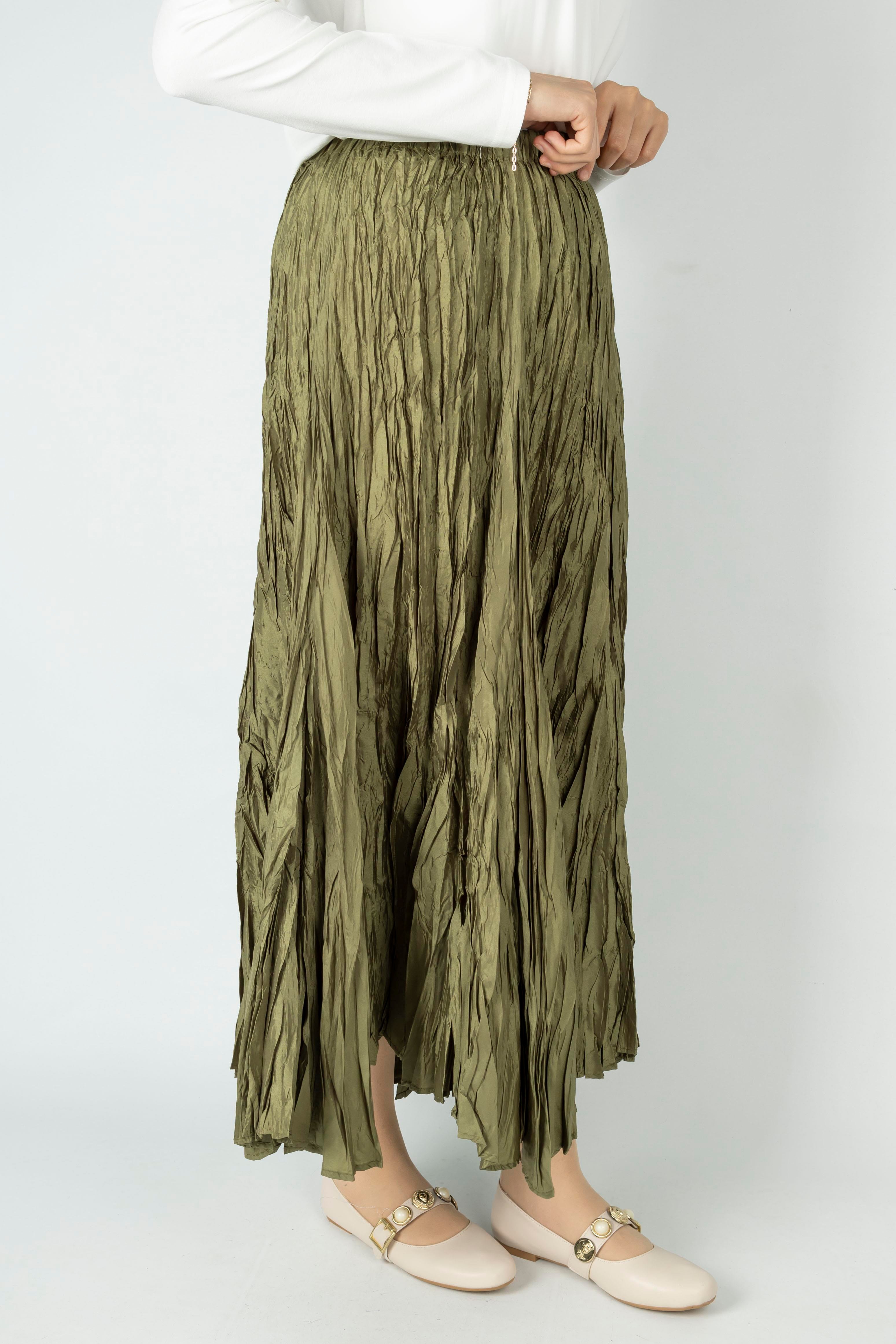 Kadın Crinkle Kumaş Lastikli Bel Etek Haki OTW9156