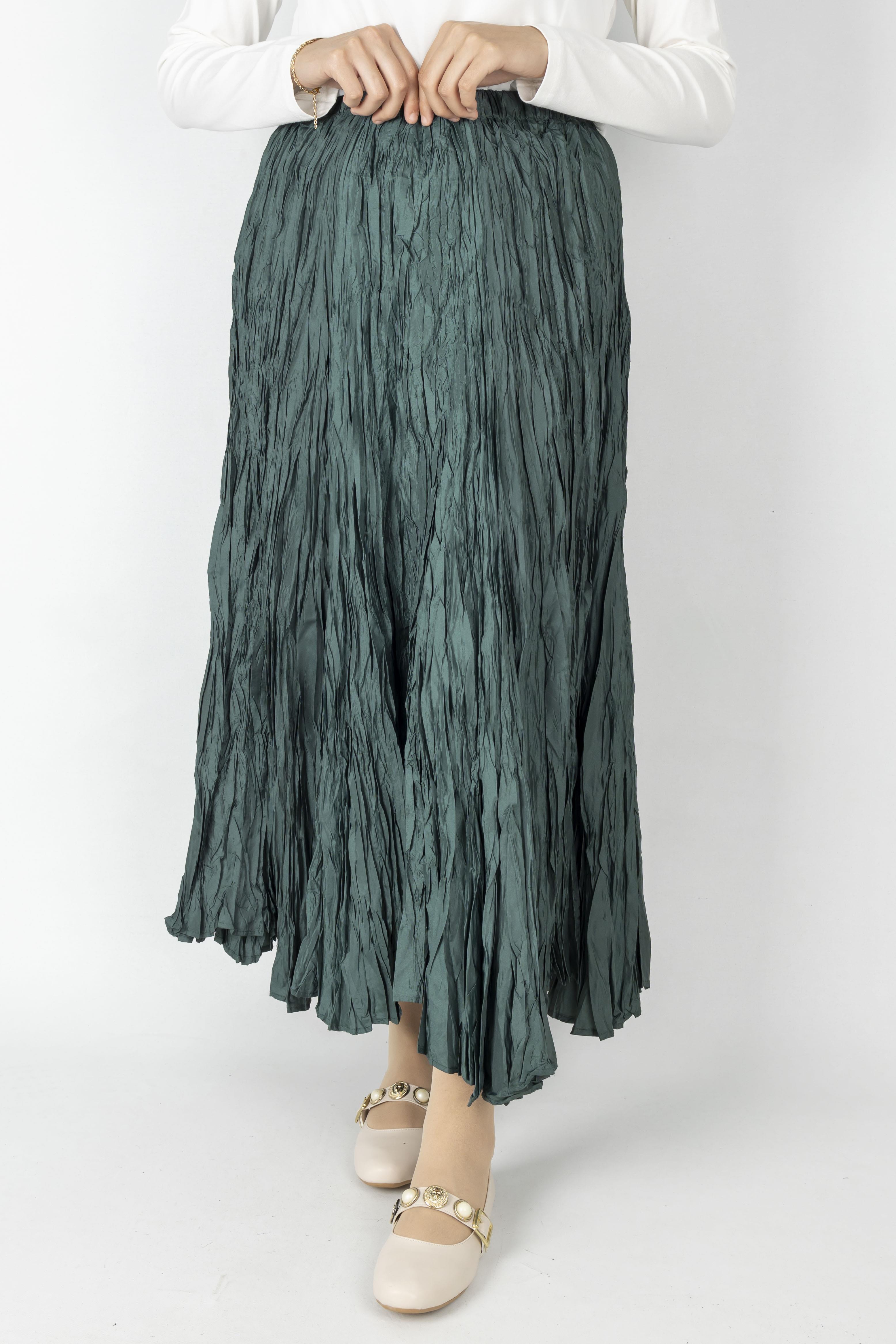 Kadın Crinkle Kumaş Lastikli Bel Etek Petrol OTW9156