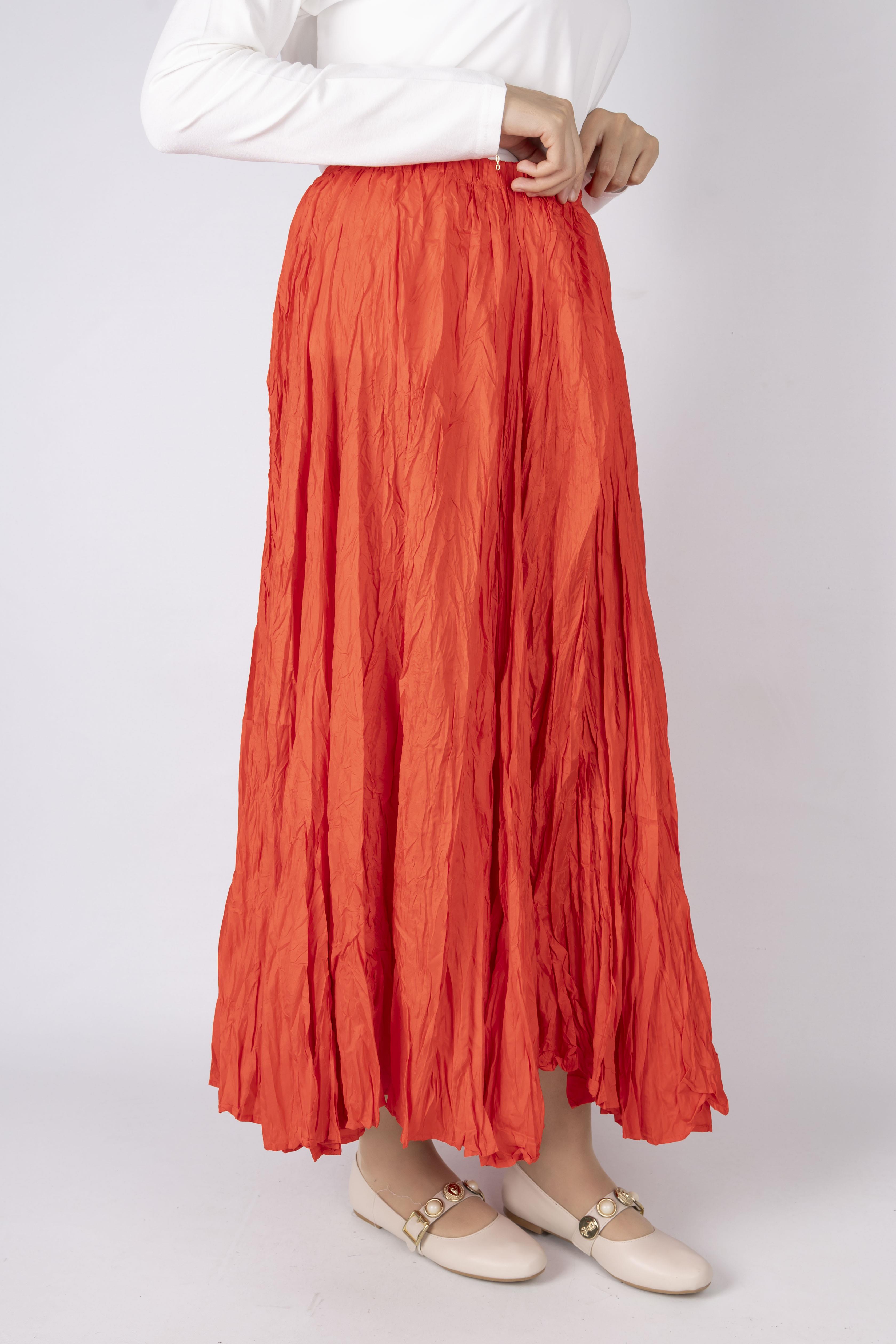 Kadın Crinkle Kumaş Lastikli Bel Etek Turuncu OTW9156