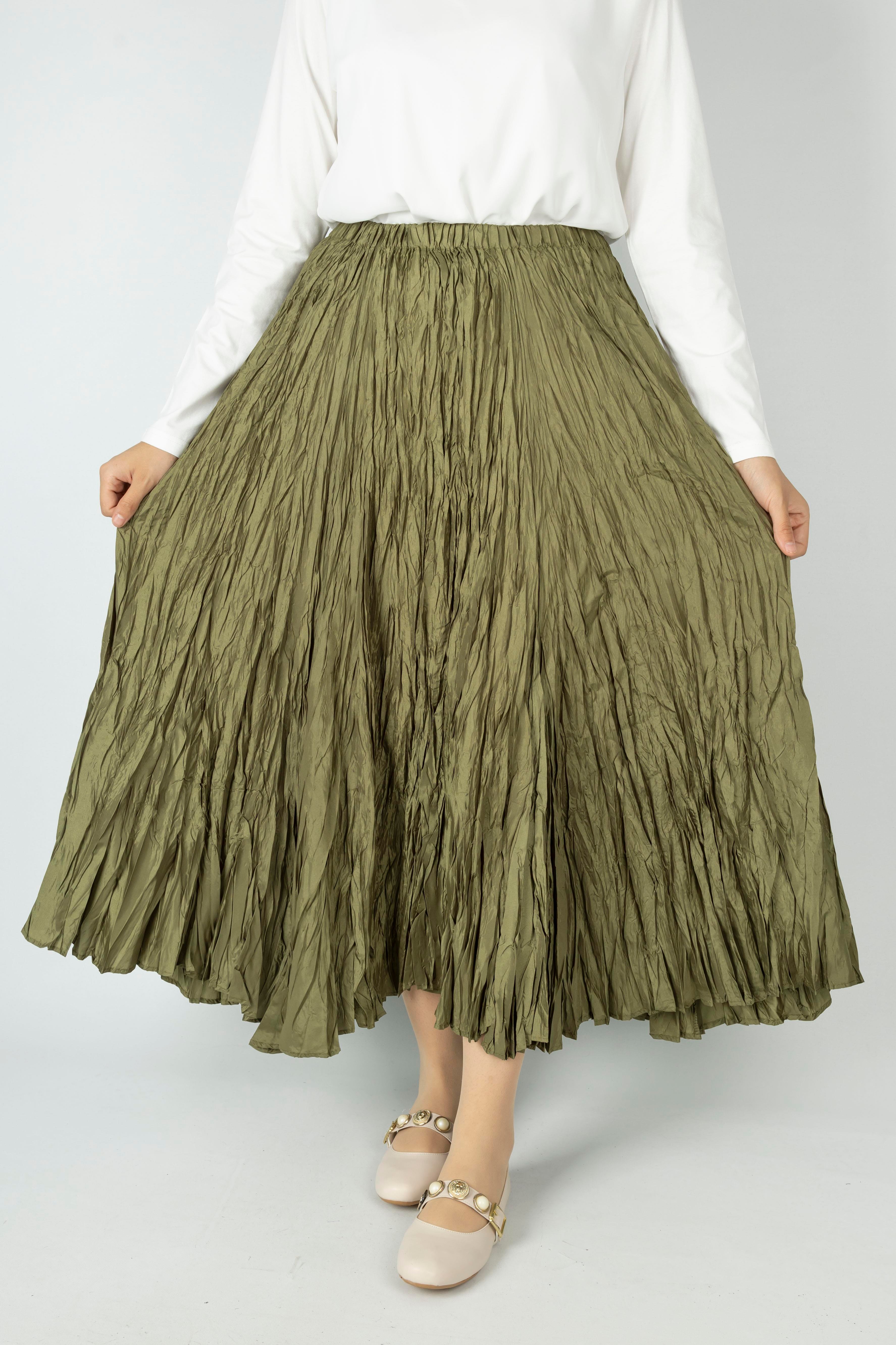 Kadın Crinkle Kumaş Lastikli Bel Etek Haki OTW9156