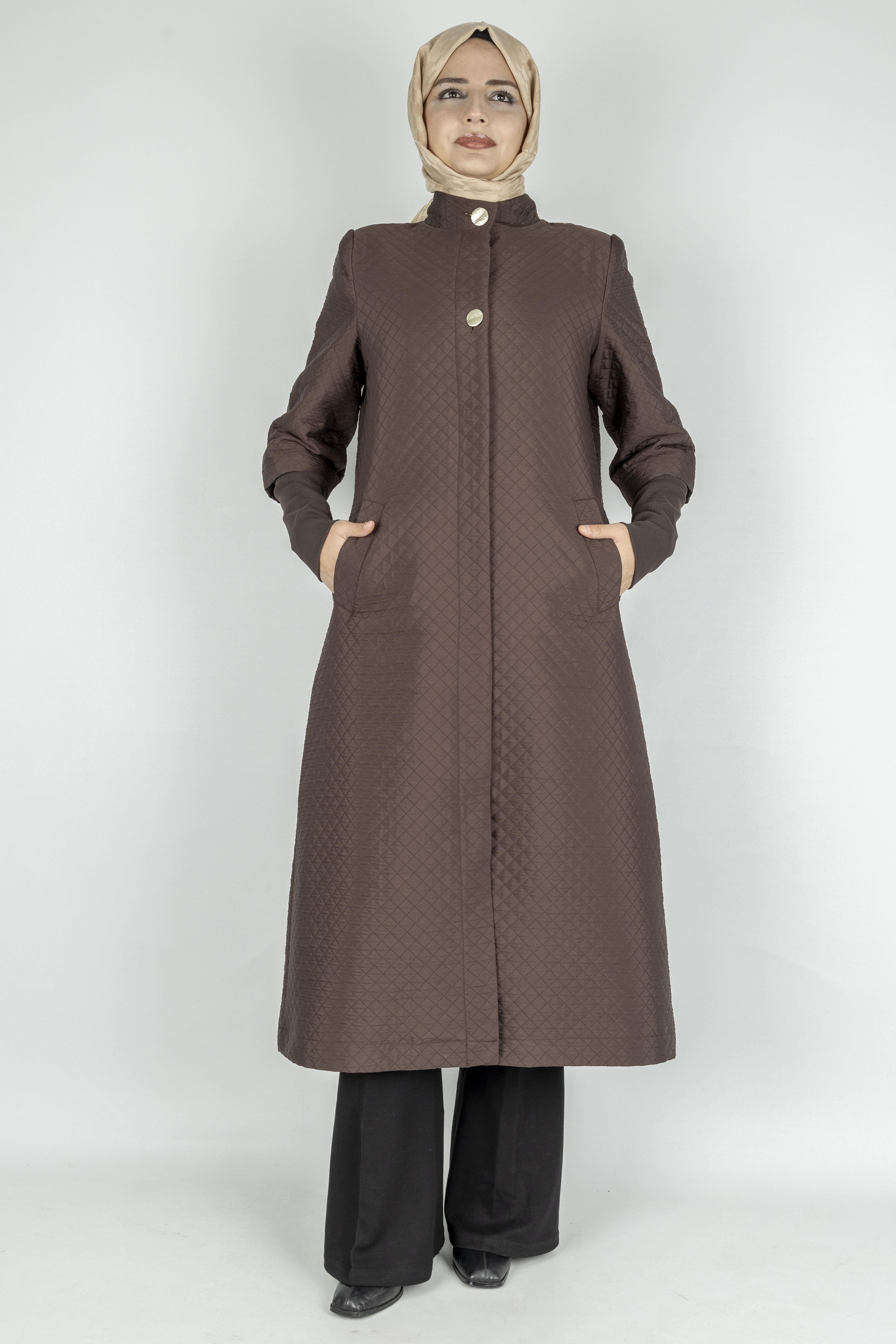 Kapitone Uzun Tesettür Kap Kahve OTW36299