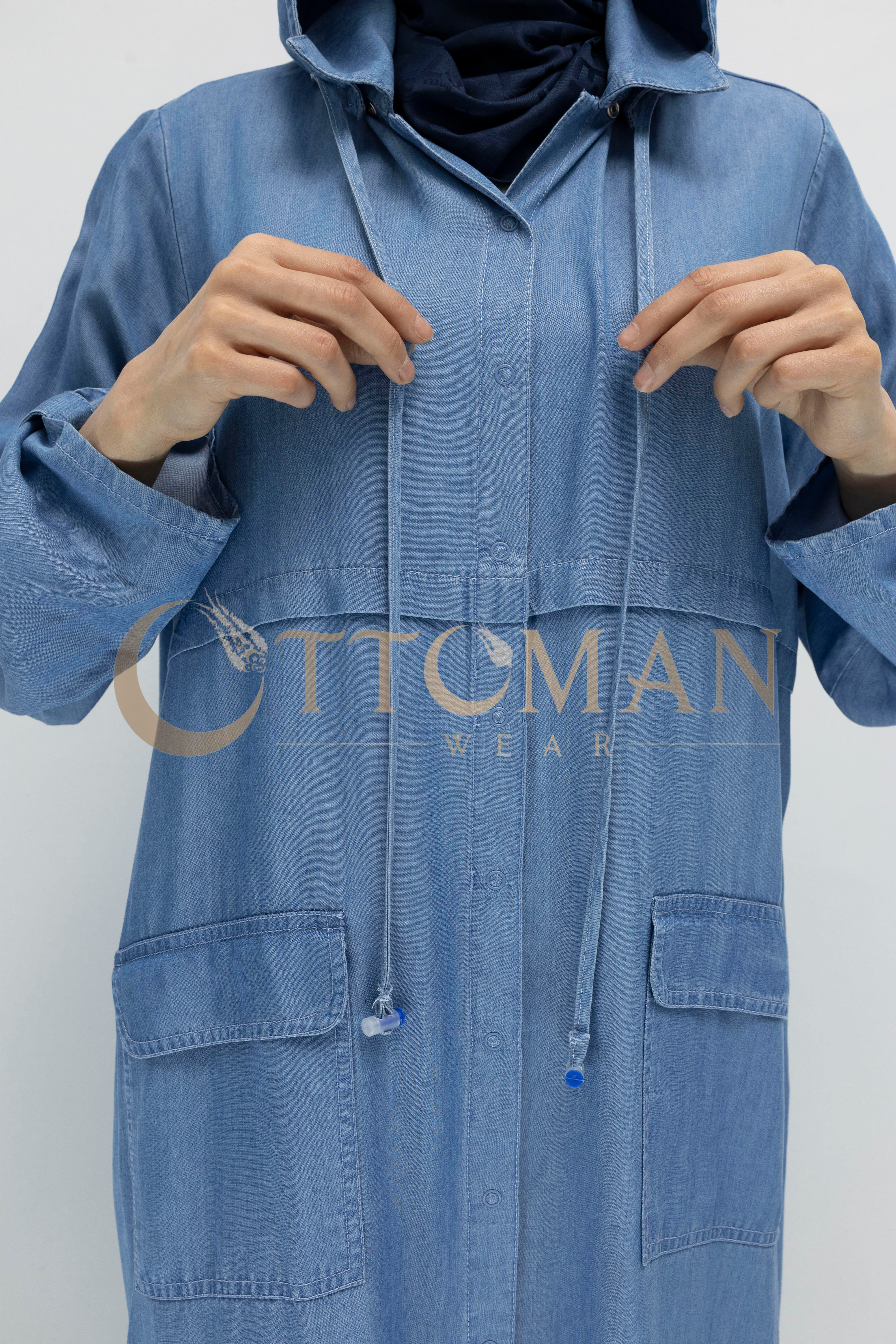 Kapüşonlu Büyük Beden Tesettür Denim Kap Mavi OTW60391