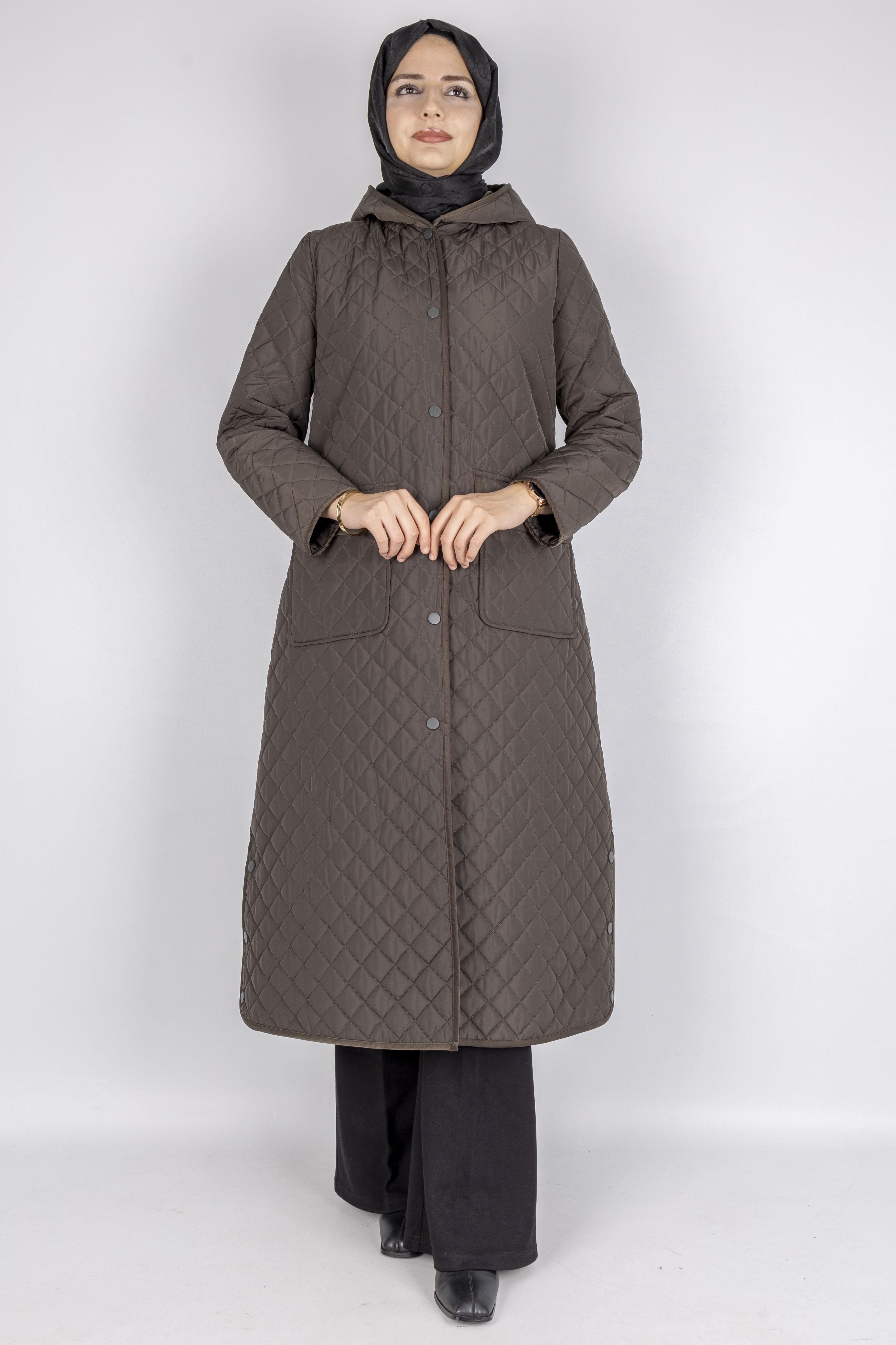 Kapüşonlu Çıtçıtlı Kapitone Tesettür Kap Haki OTW36309