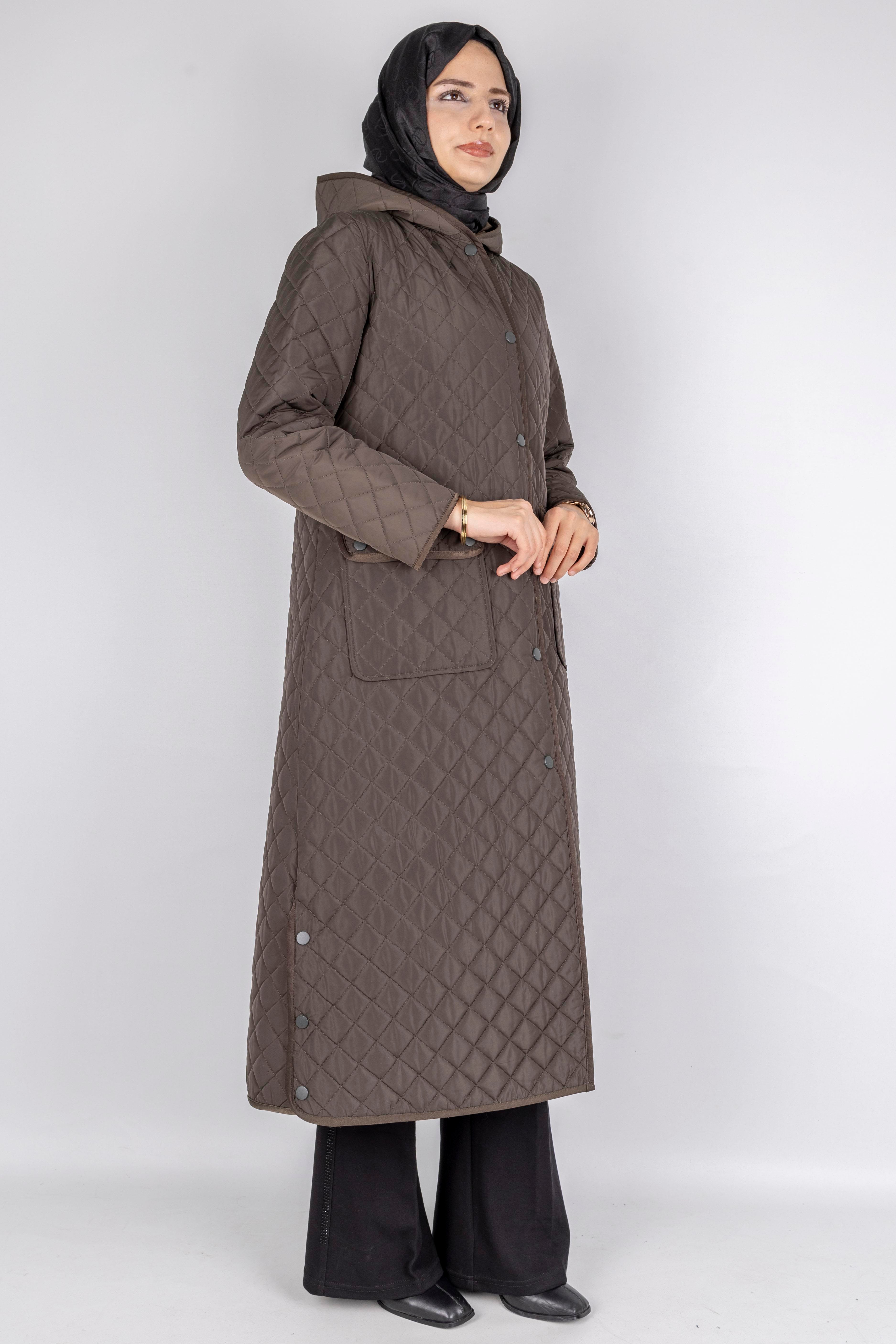 Kapüşonlu Çıtçıtlı Kapitone Tesettür Kap Haki OTW36309