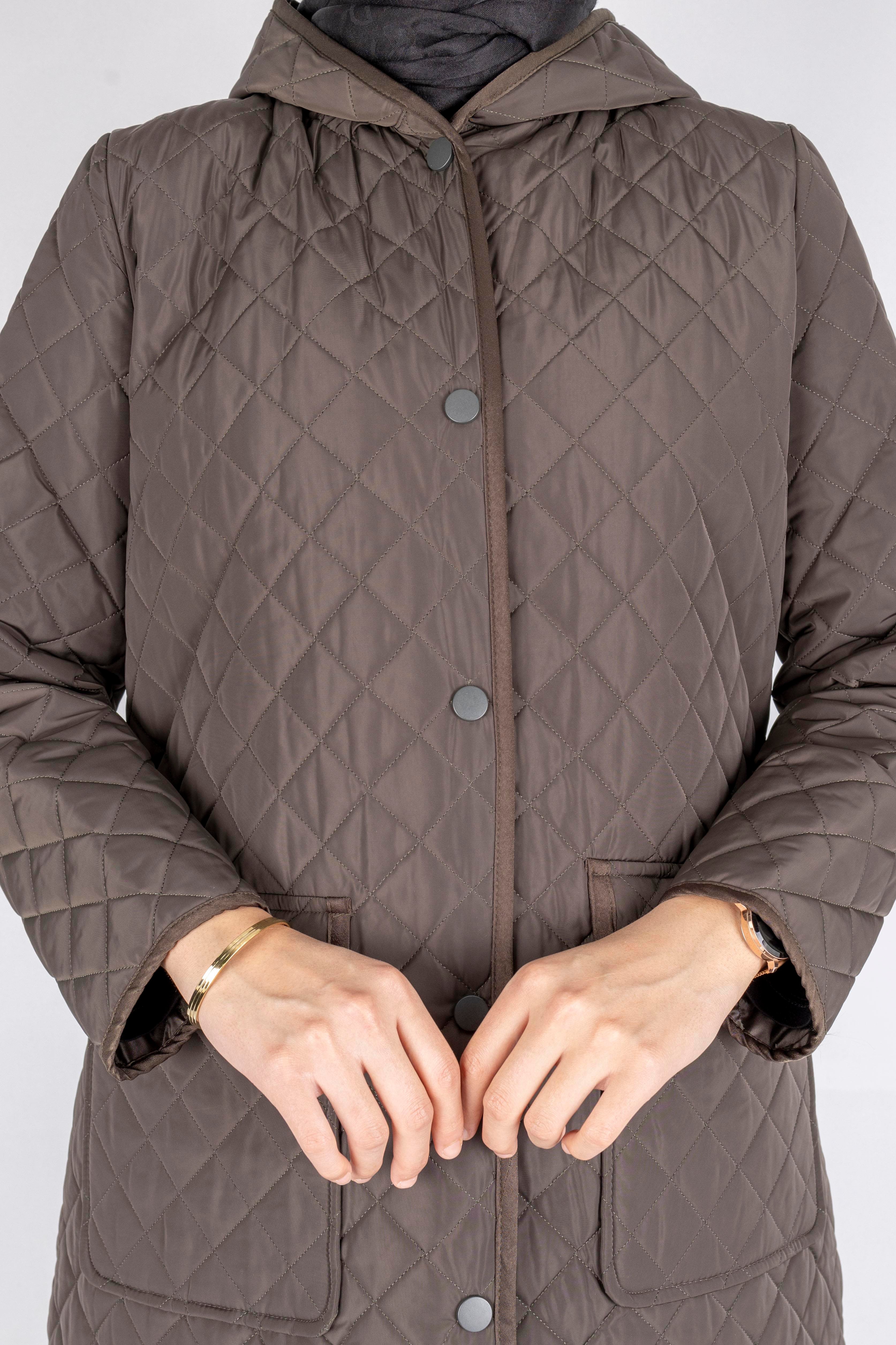 Kapüşonlu Çıtçıtlı Kapitone Tesettür Kap Haki OTW36309