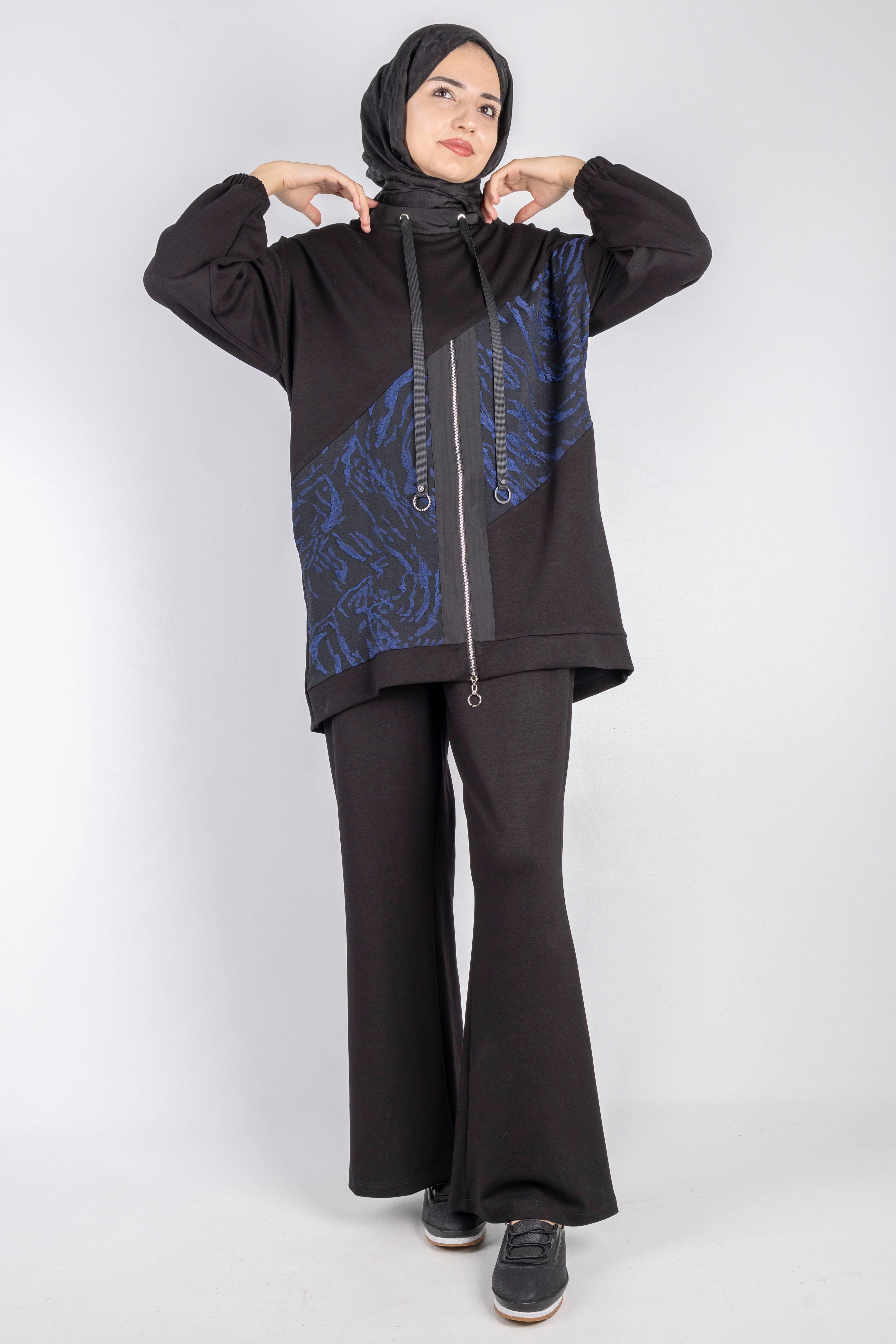 Kapüşonlu Fermuarlı Mavi Desenli Tesettür Eşofman Takım Siyah OTW2377