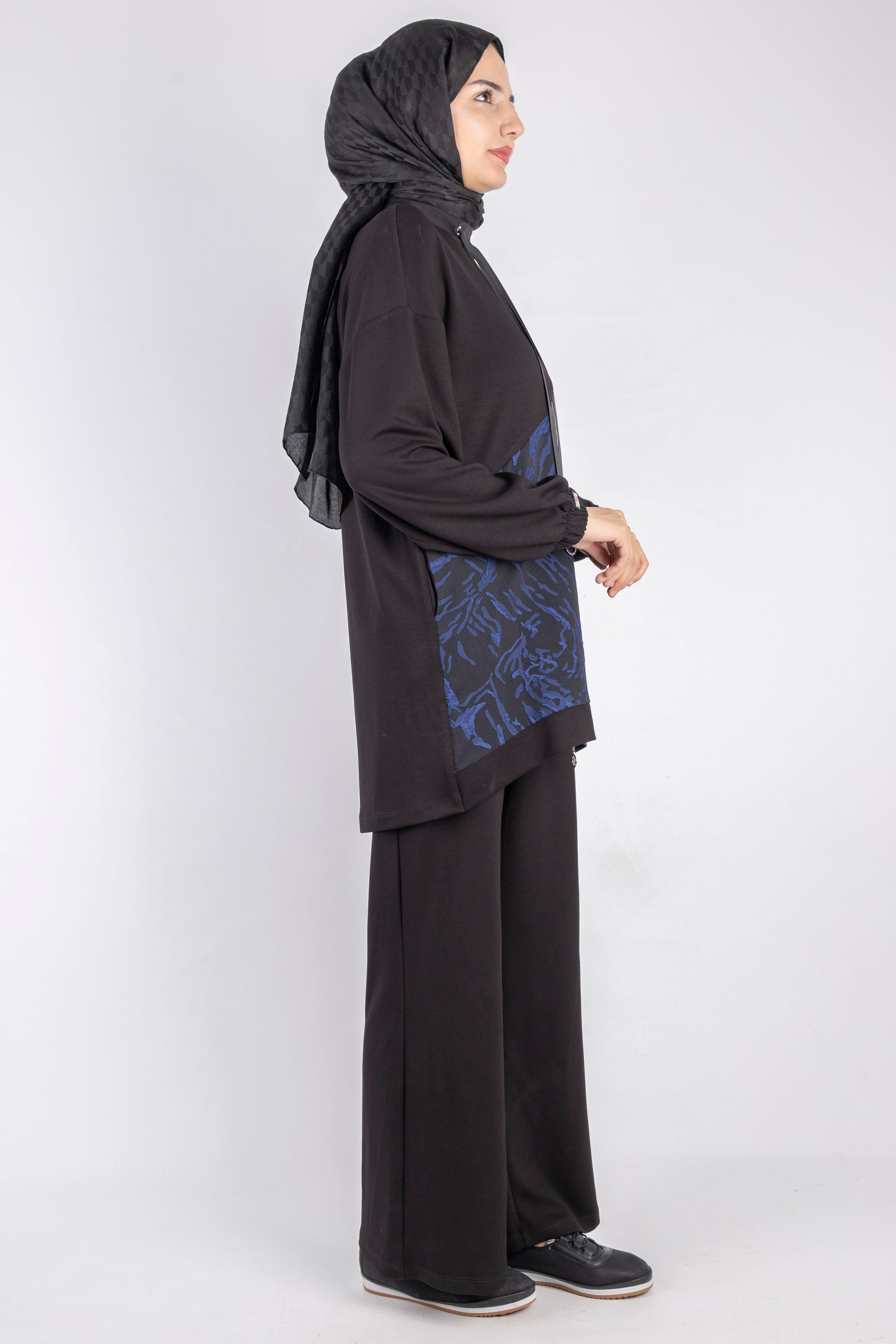 Kapüşonlu Fermuarlı Mavi Desenli Tesettür Eşofman Takım Siyah OTW2377