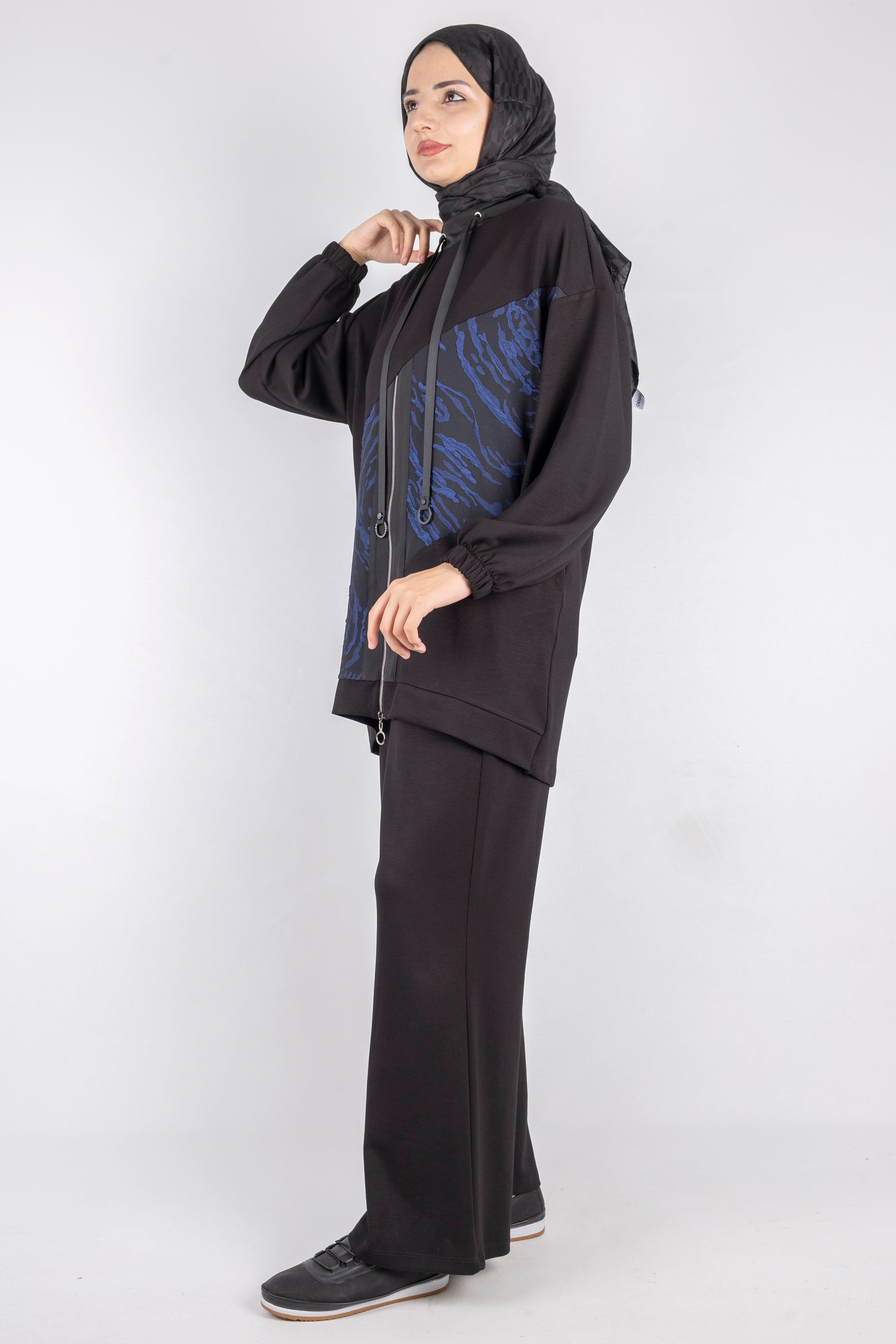 Kapüşonlu Fermuarlı Mavi Desenli Tesettür Eşofman Takım Siyah OTW2377